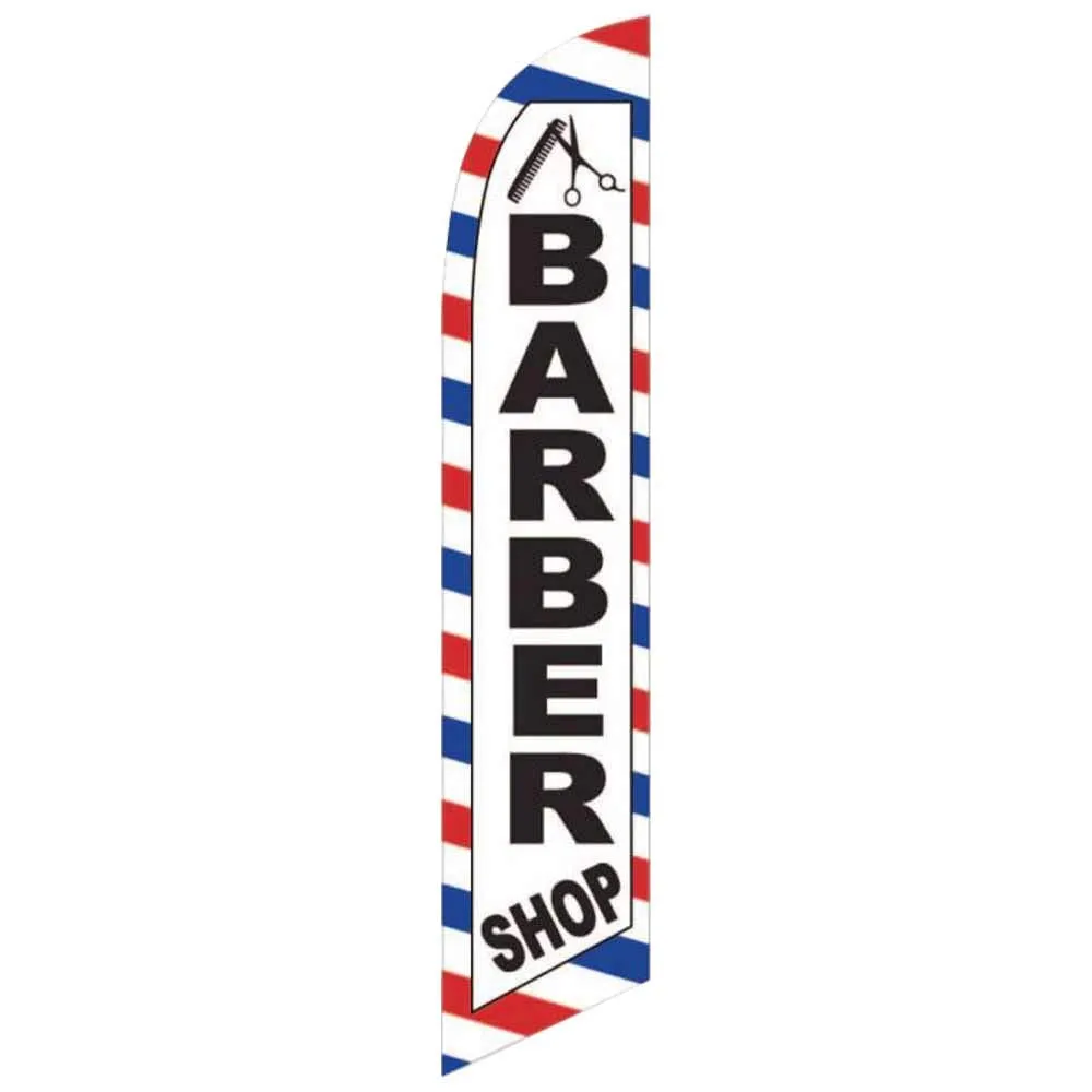Barber Shop (White) Feather Flag Cobb Promo Eye Catching Feather Banner Sign for Business and Marketing Complete Set with 15 ft Pole Kit and Ground Spike