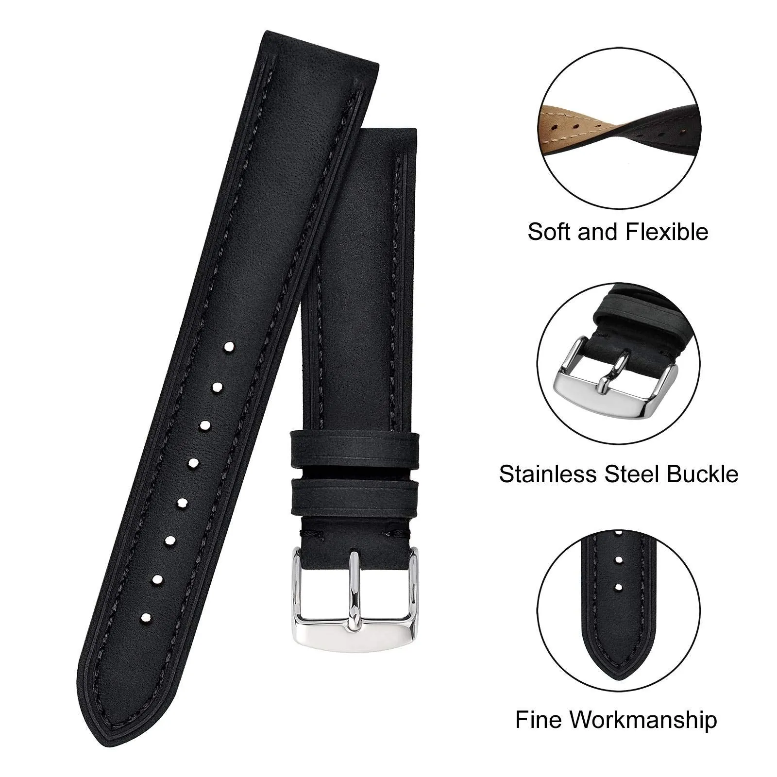 BISONSTRAP Vintage Crazy Horse Leather  Watch Band with Stainless Steel Buckle