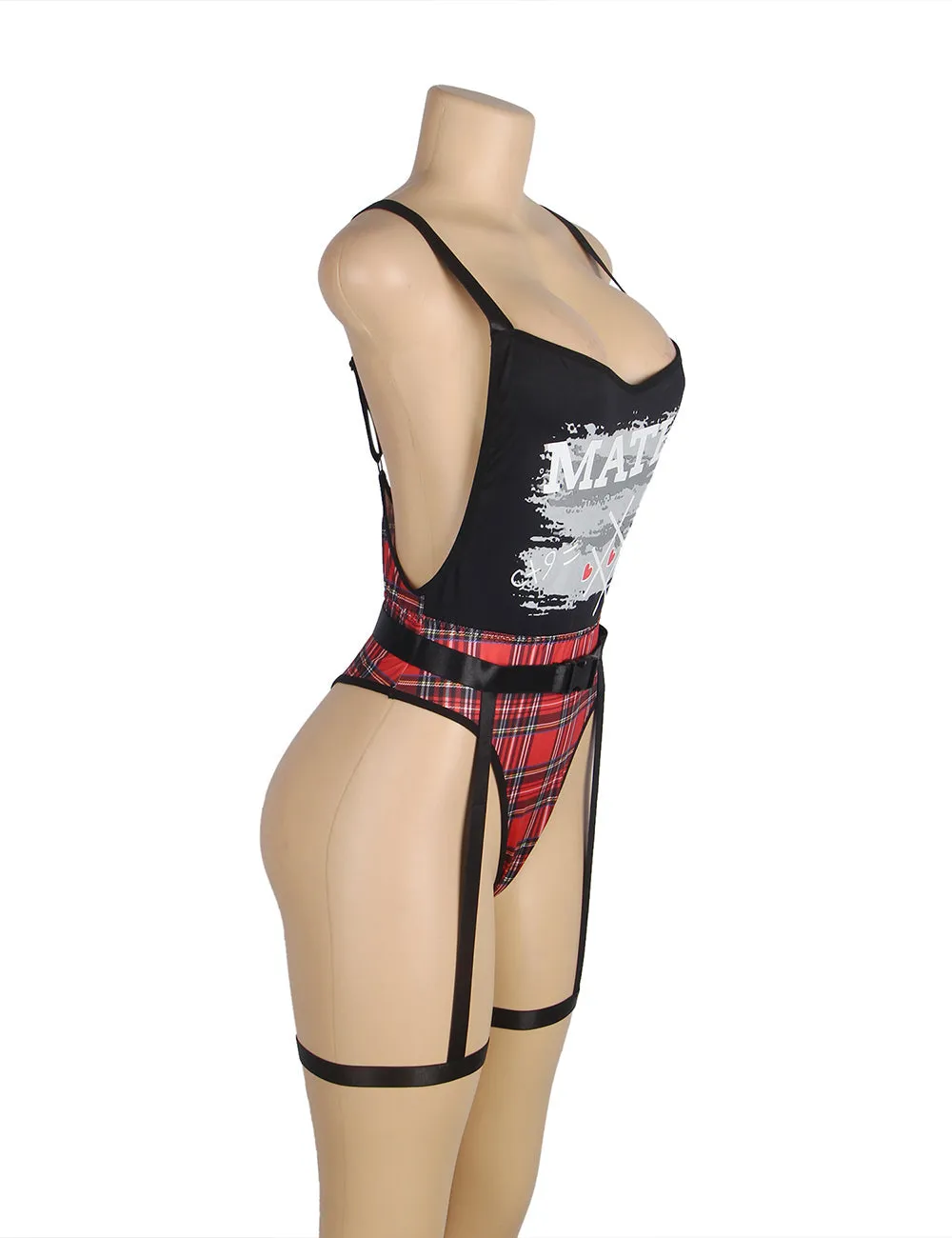 Black Double Shoulder Straps Red Plaid Bodysuit Costume Egypt with Wait Belt