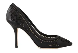 Black Leather Floral Cutout Pumps