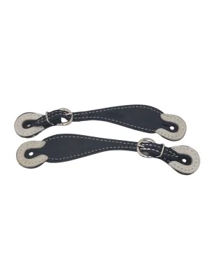 Black Leather Spur Straps with Rawhide Tips and Contrasting Stitch