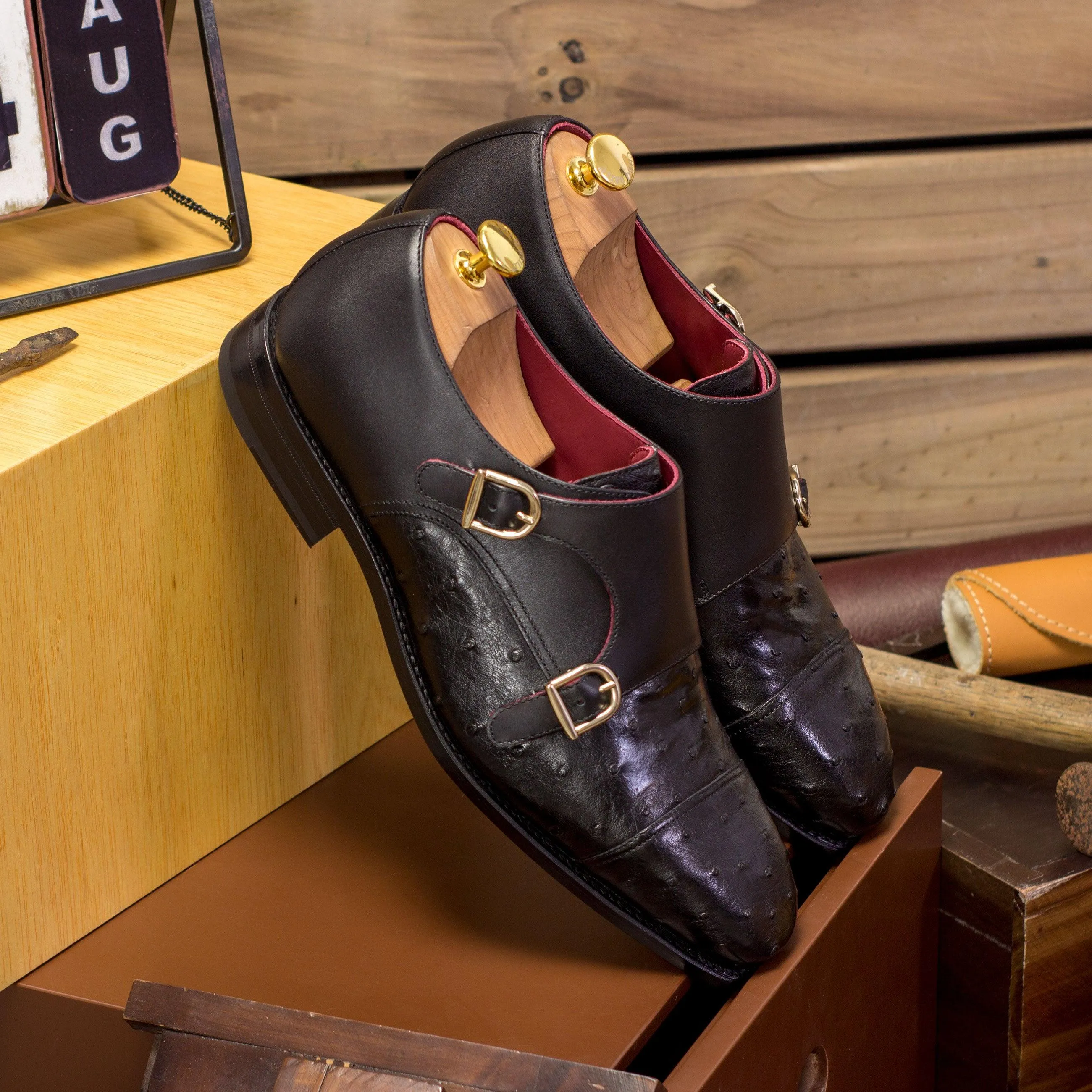 Black Ostrich Leather Double Monk