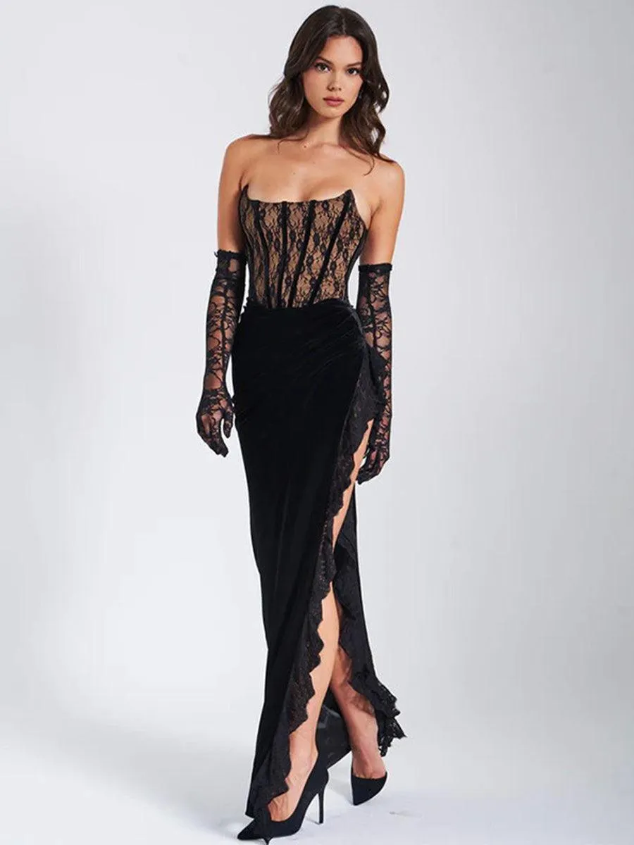 Black Strapless Lace Corset Formal Dress MYC1016