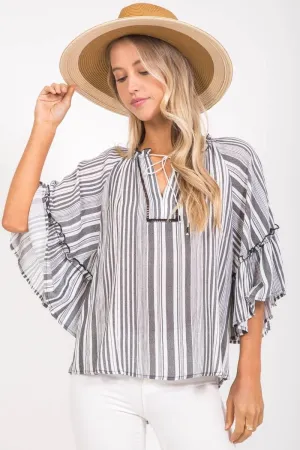 Black Striped Peasant Top