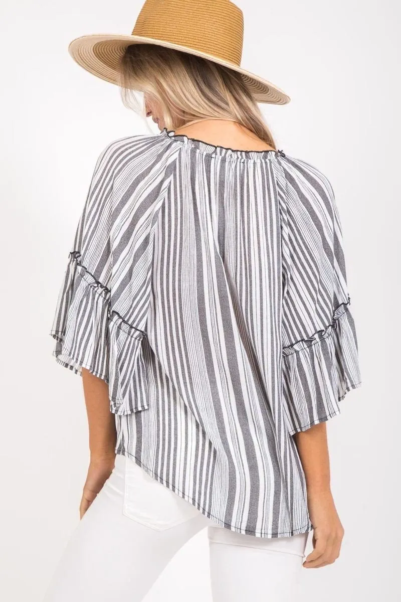 Black Striped Peasant Top