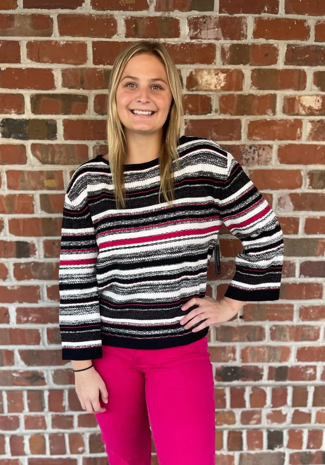 Boat Neck Textured Long Wide Slv Striped Sweater LM8A46SW98