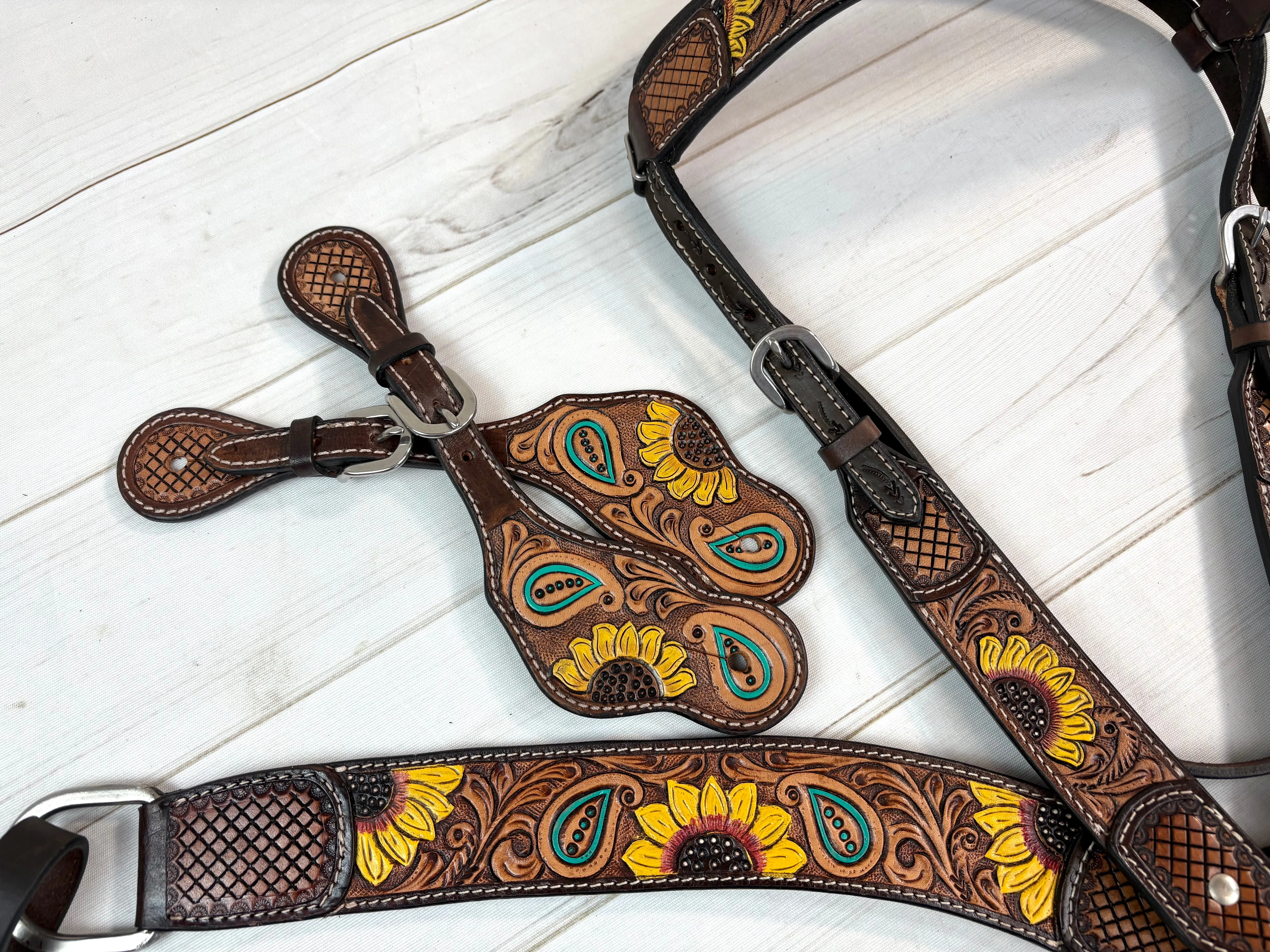 Bold Sunflower Paisley Tooled Leather Spur Straps