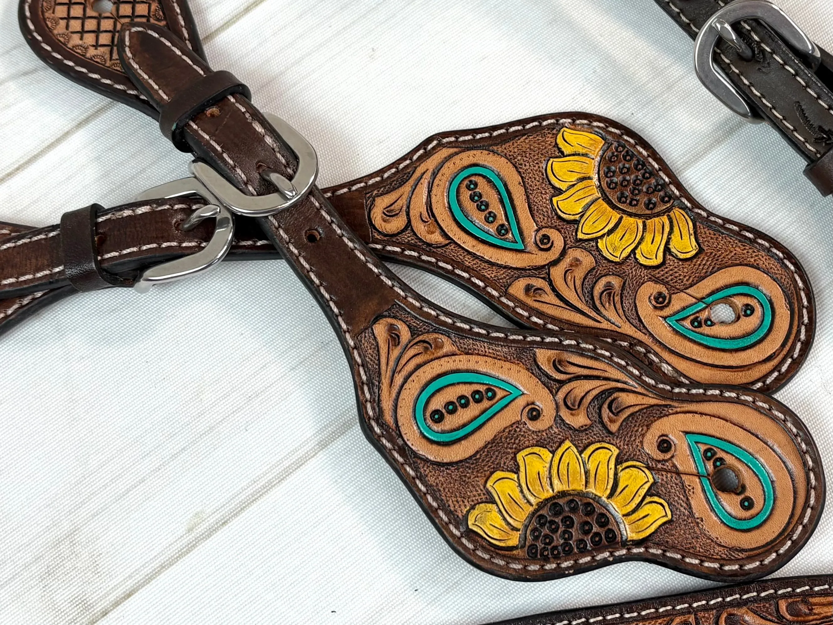 Bold Sunflower Paisley Tooled Leather Spur Straps