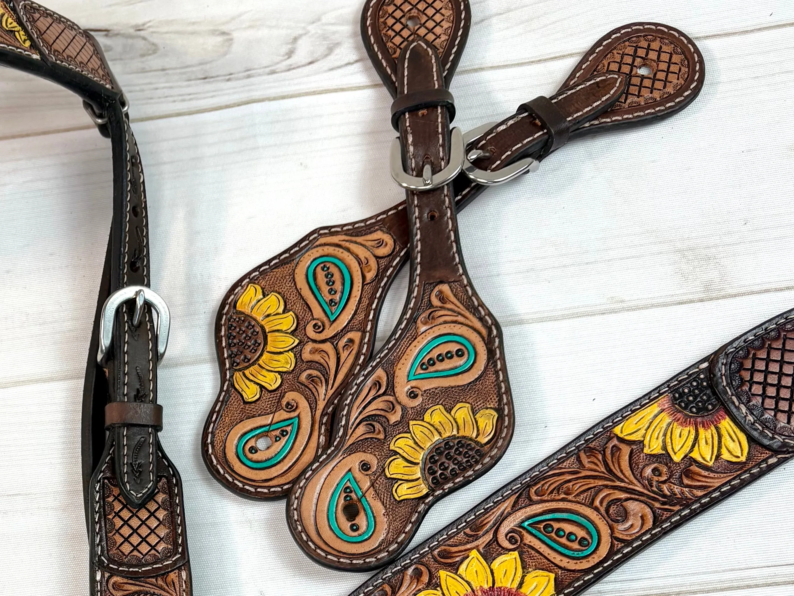 Bold Sunflower Paisley Tooled Leather Spur Straps
