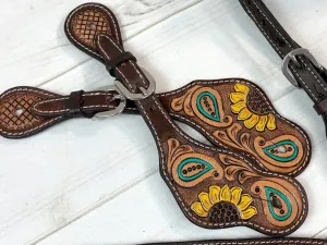 Bold Sunflower Paisley Tooled Leather Spur Straps