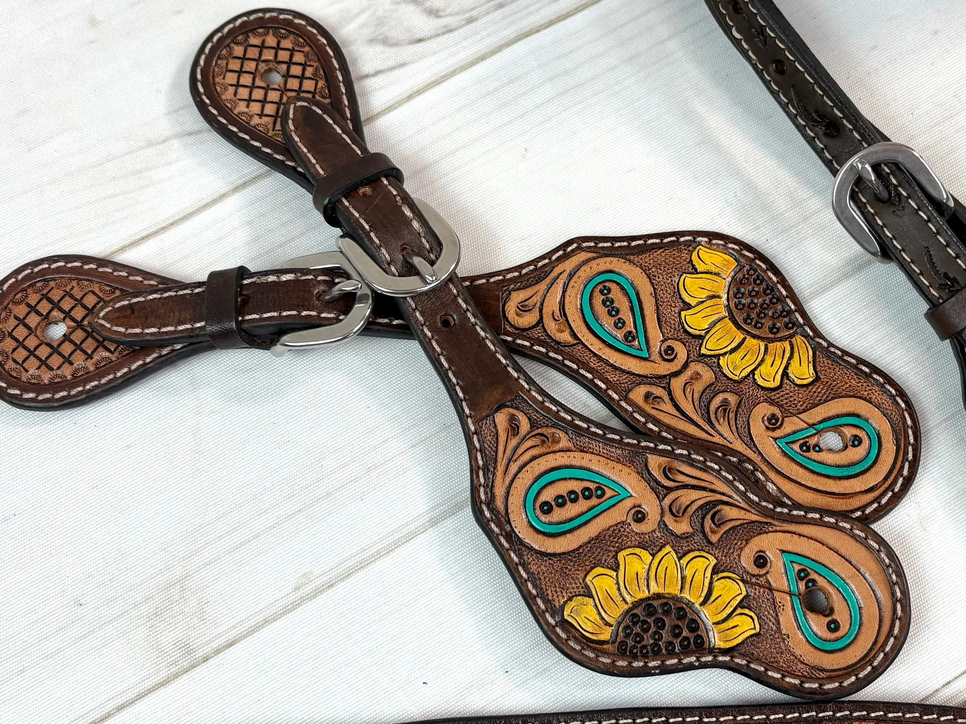 Bold Sunflower Paisley Tooled Leather Spur Straps