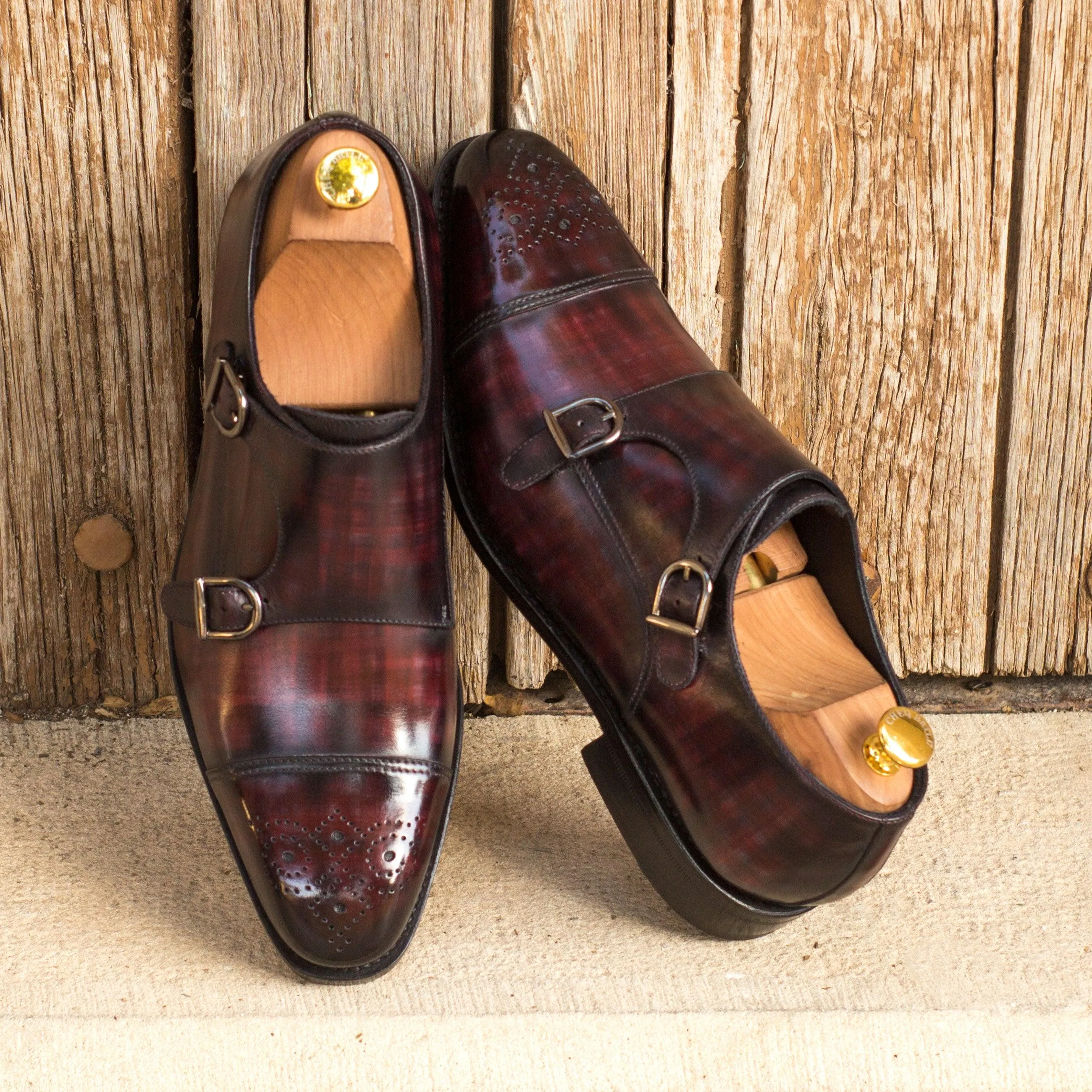 Burgundy Papiro Patina Leather Double Monk