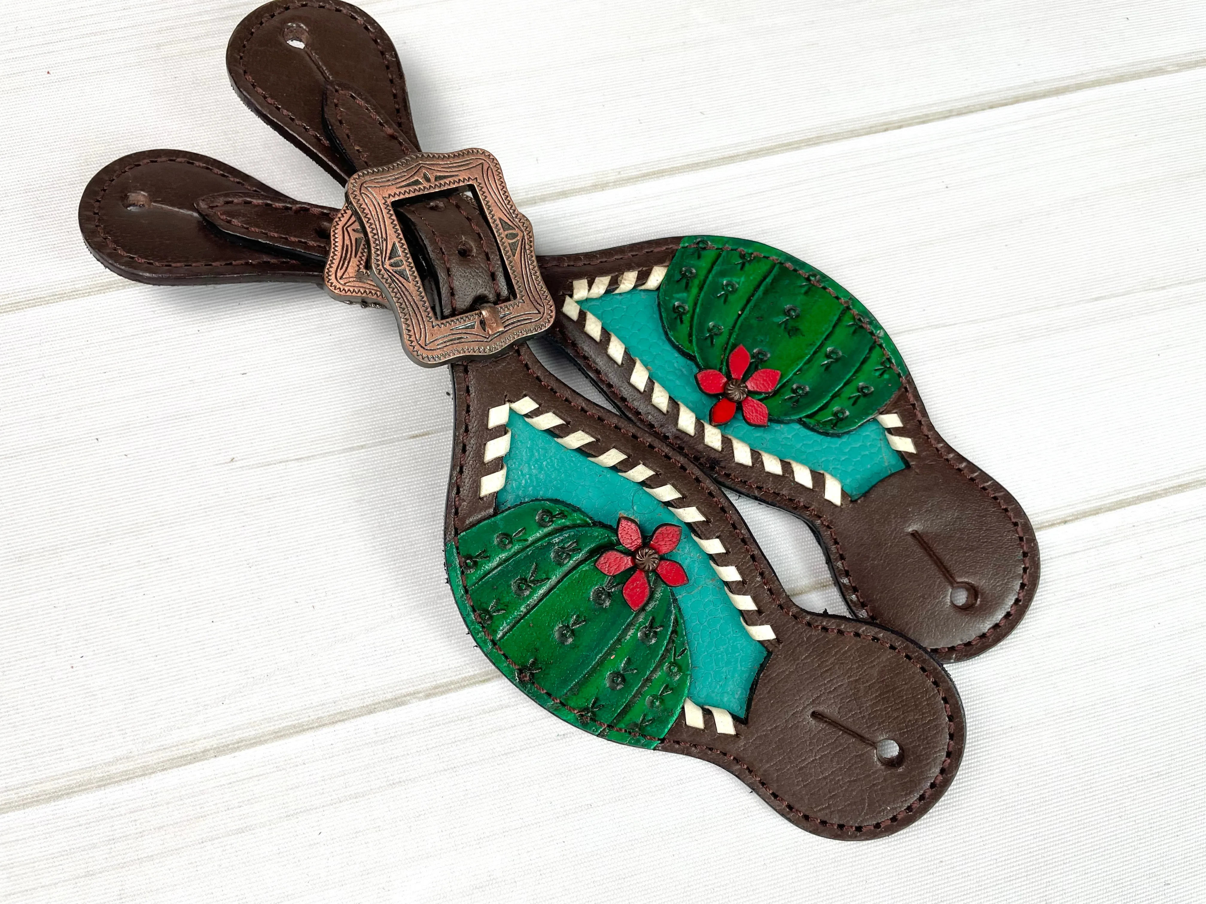 Cactus Bloom Teal with White Whipstitch Spur Straps