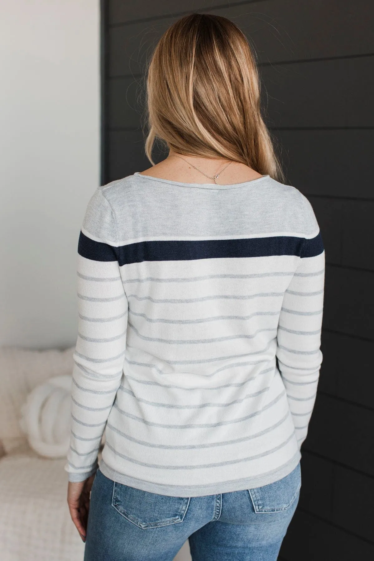 Can't Stay Away Striped Sweater- Grey & Navy