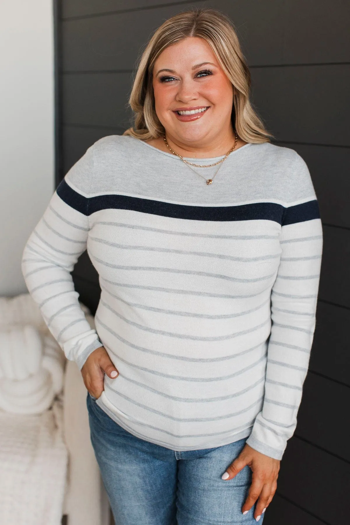 Can't Stay Away Striped Sweater- Grey & Navy