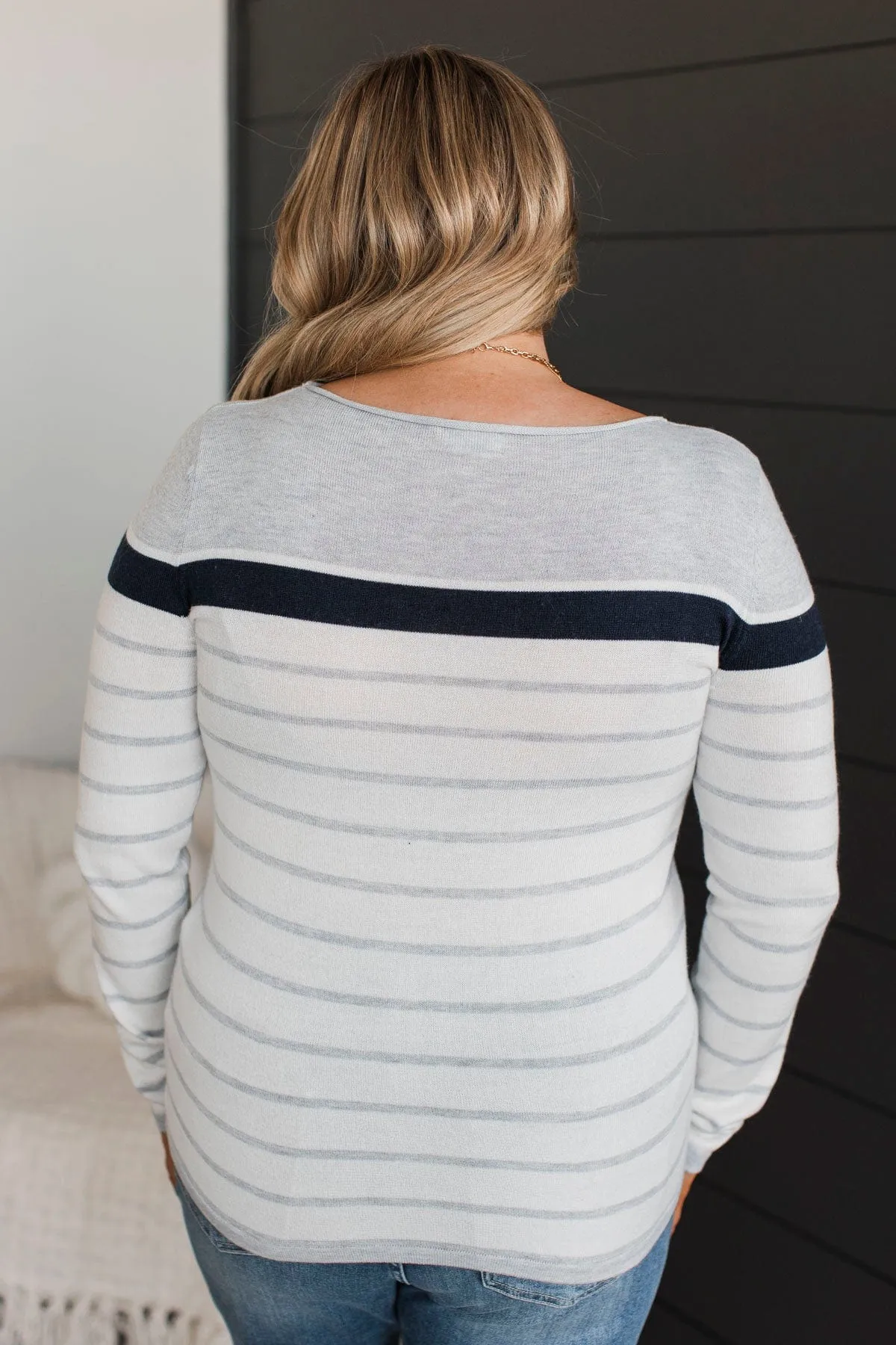 Can't Stay Away Striped Sweater- Grey & Navy