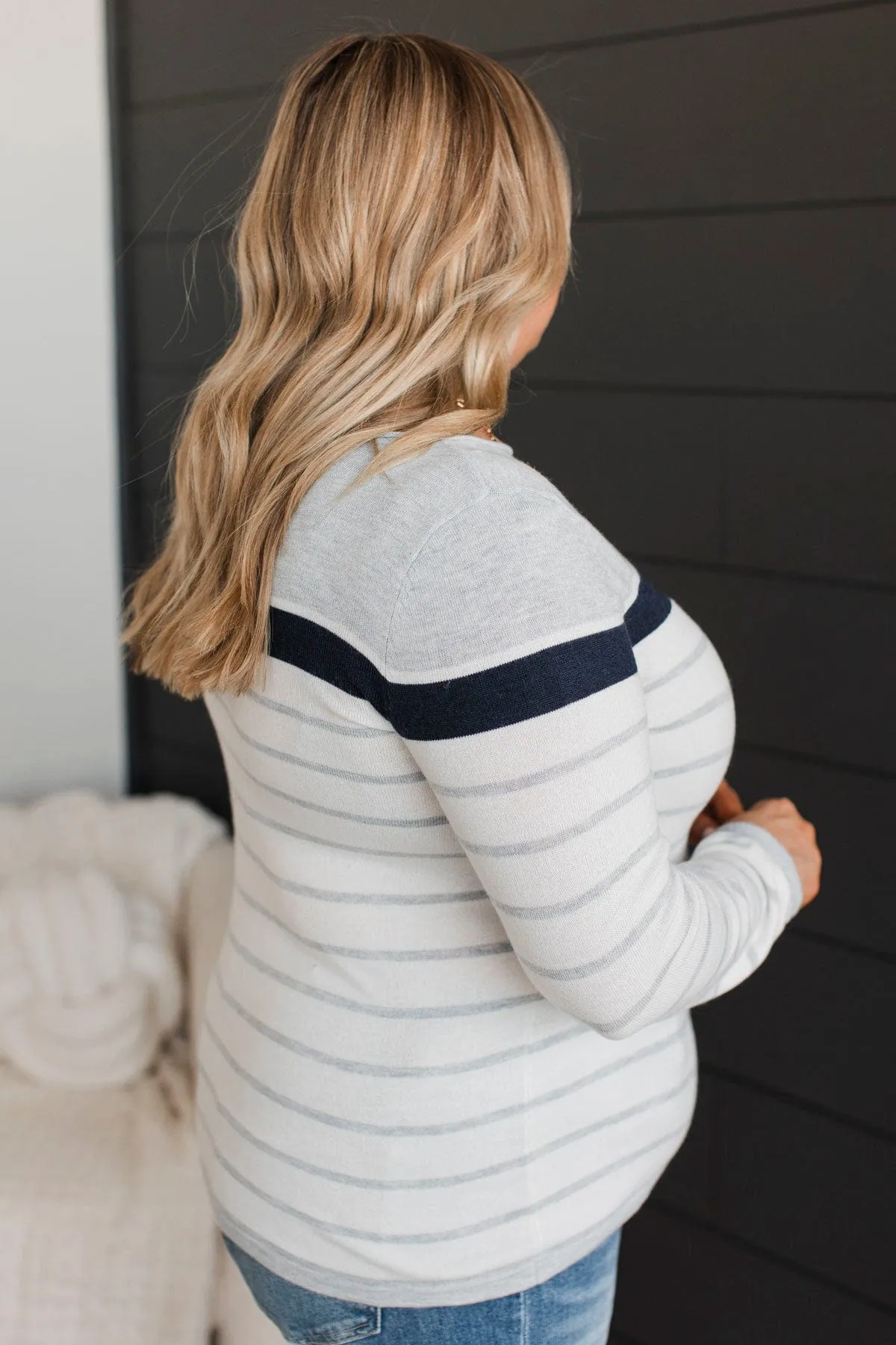 Can't Stay Away Striped Sweater- Grey & Navy
