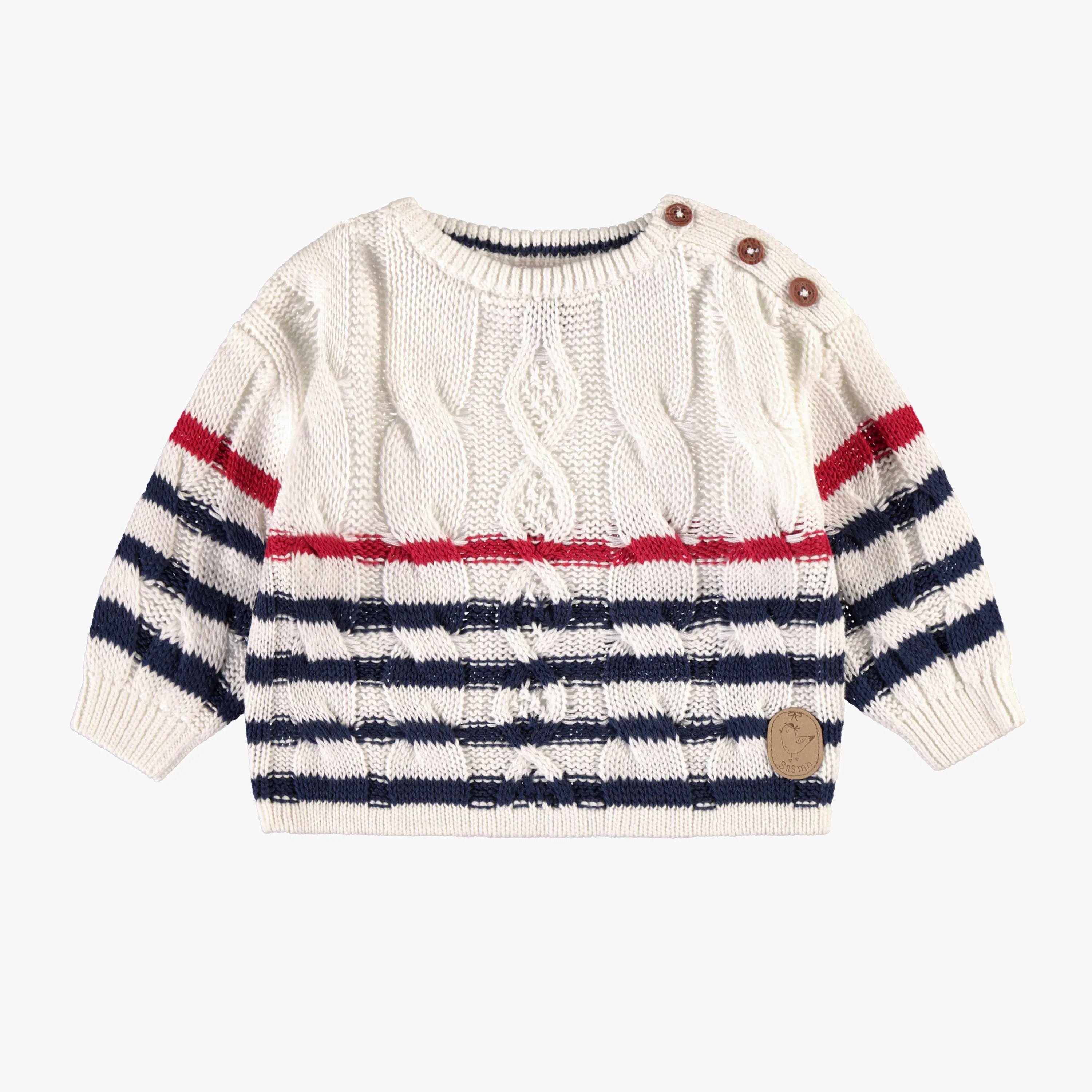 Chandail de tricot crème à rayures, bébé || Cream striped knitted sweater, baby