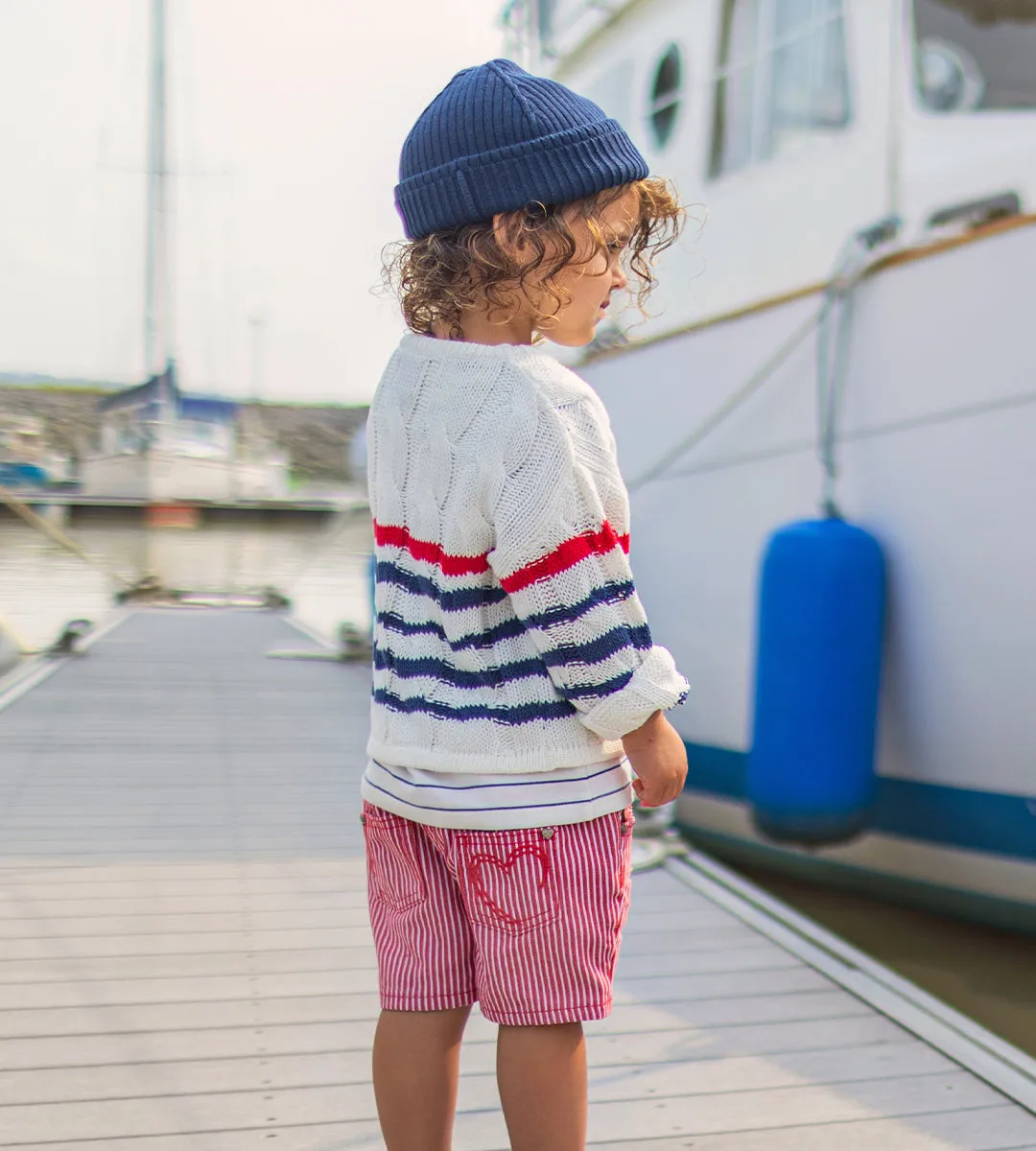 Chandail de tricot crème à rayures, bébé || Cream striped knitted sweater, baby
