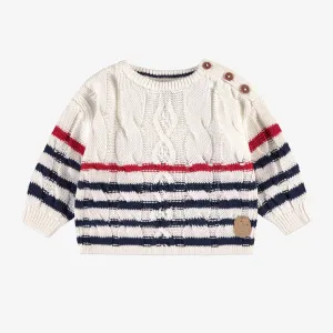 Chandail de tricot crème à rayures, bébé || Cream striped knitted sweater, baby