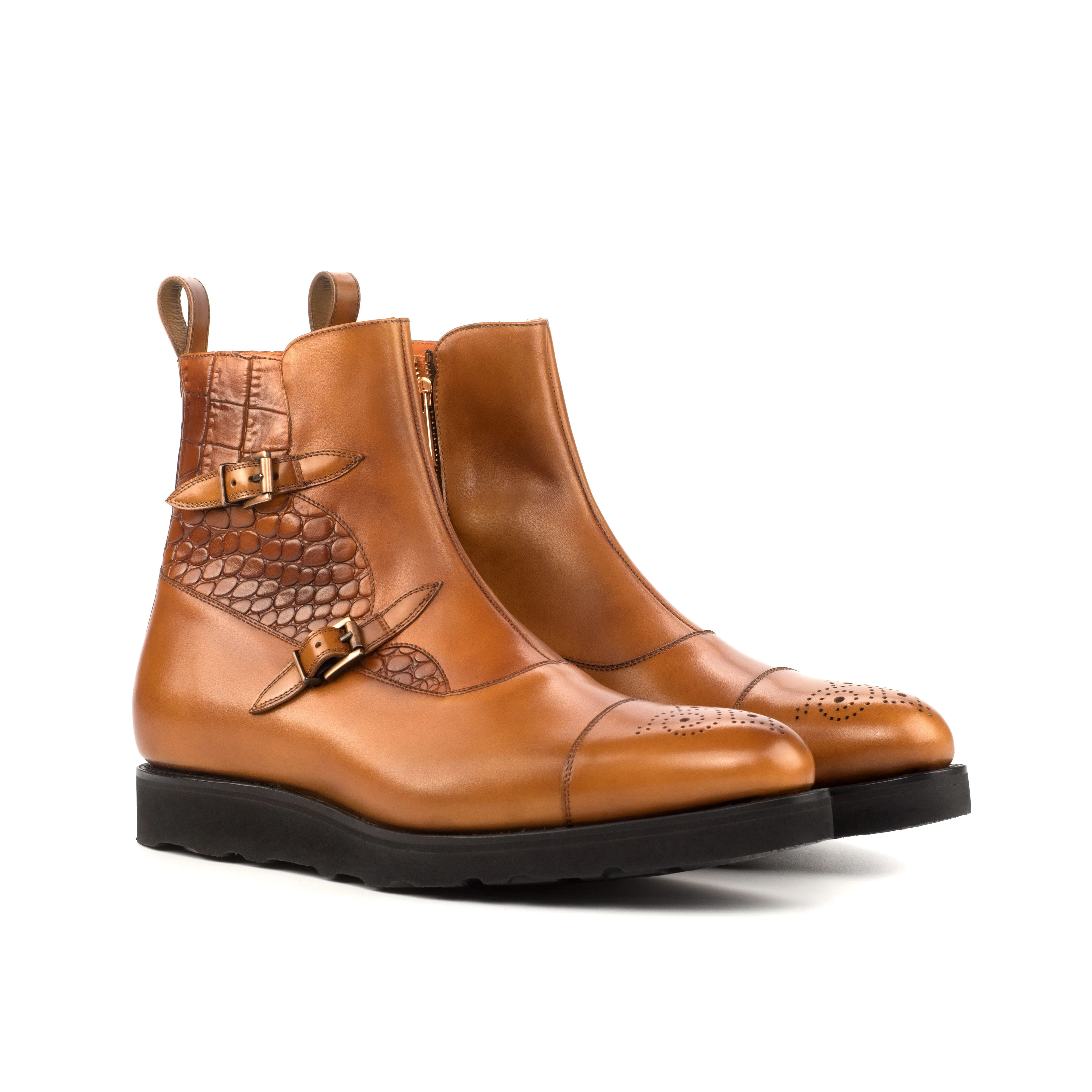 Cognac Calf & Croco Double-Monk Boots