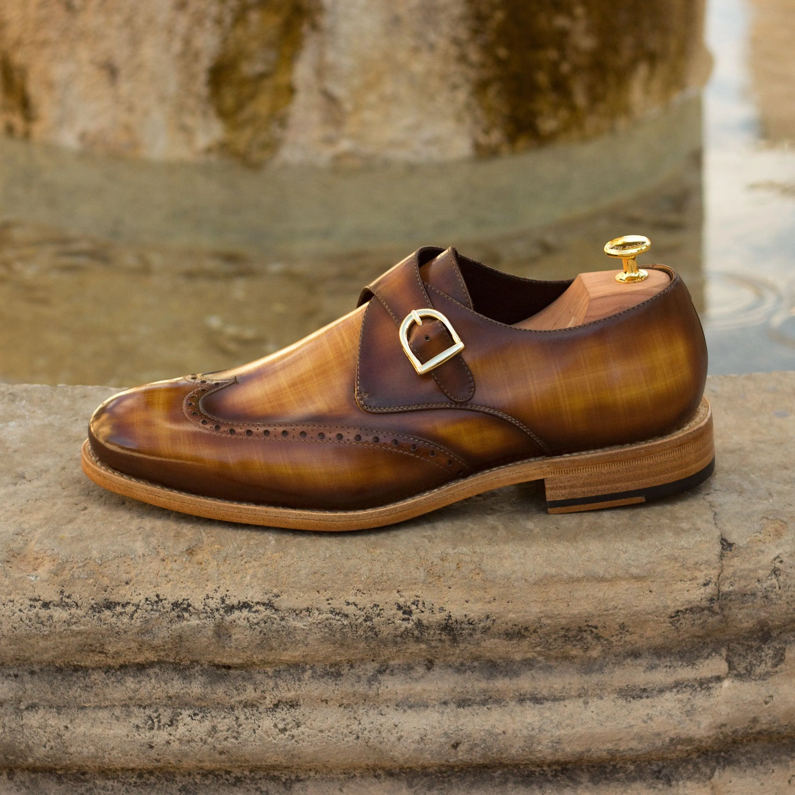 Cognac Patina Leather Single Monk Shoes
