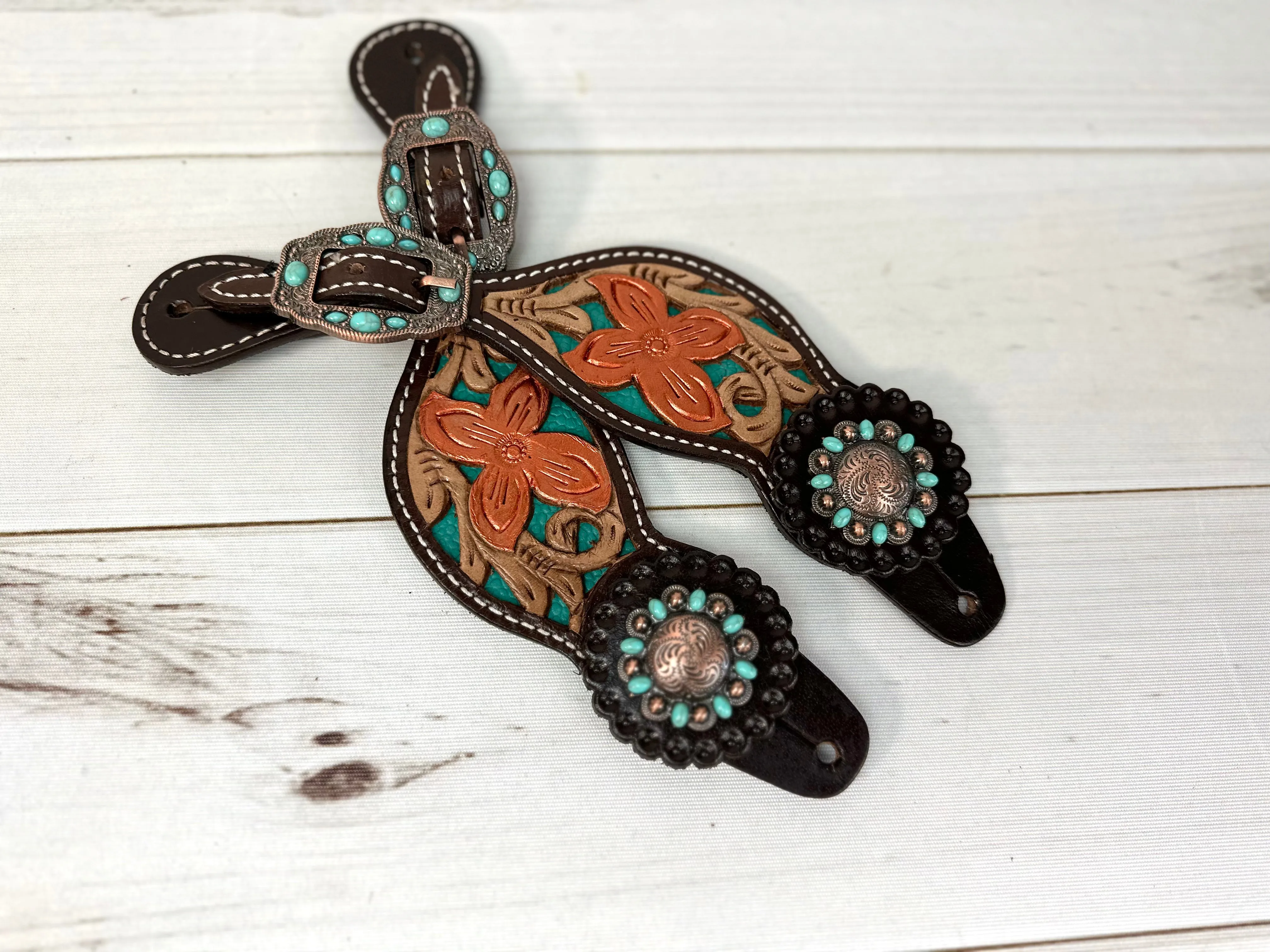 Copper Brushed Turquoise Inset Spur Straps