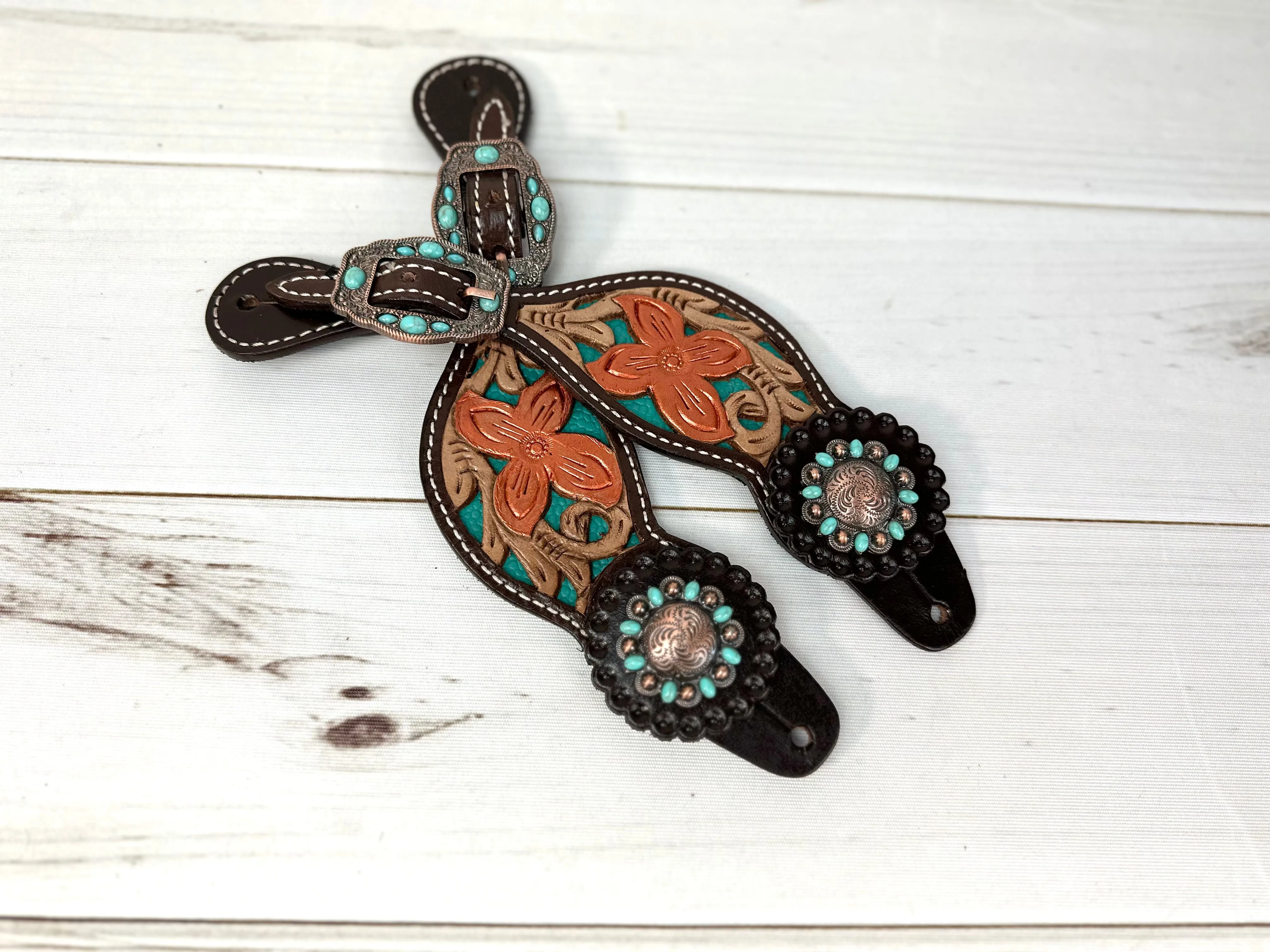 Copper Brushed Turquoise Inset Spur Straps
