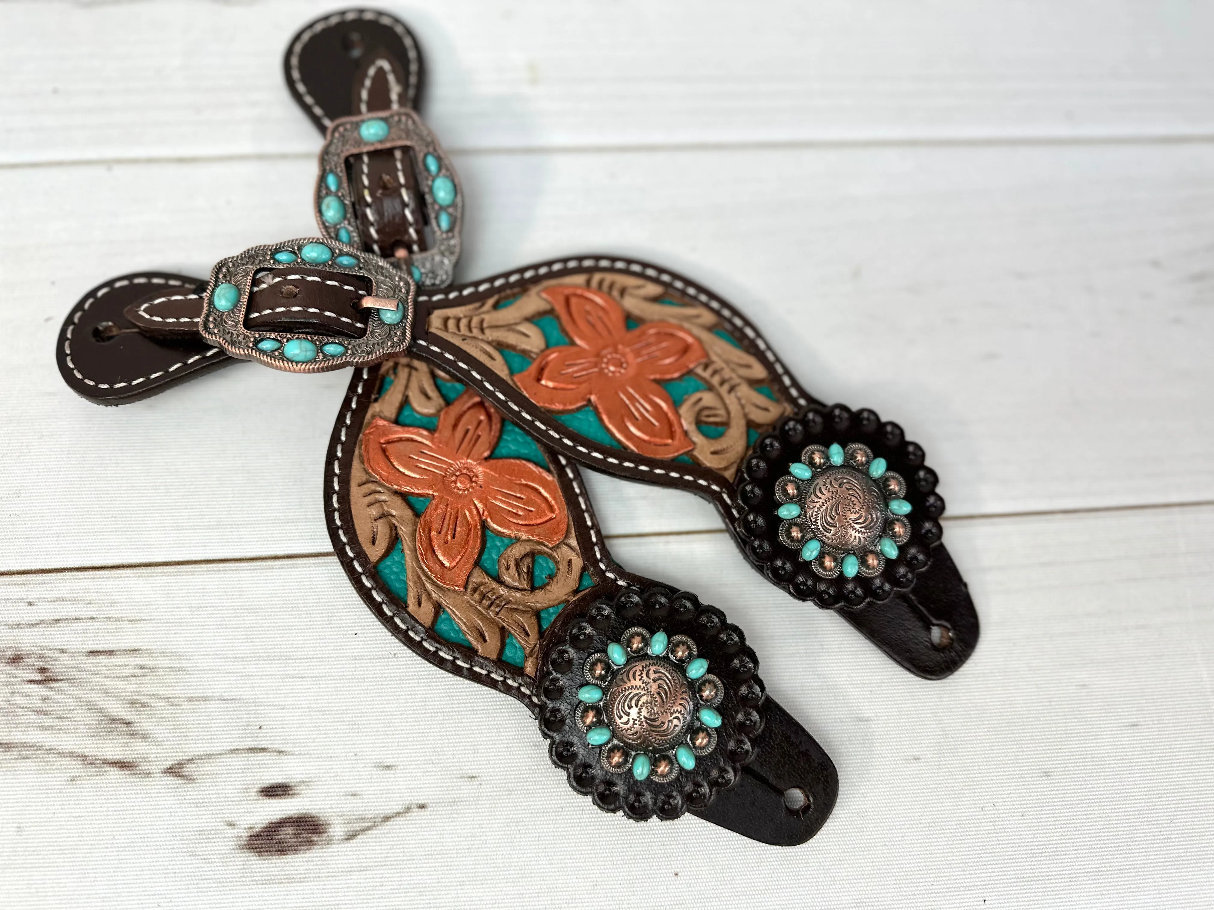 Copper Brushed Turquoise Inset Spur Straps