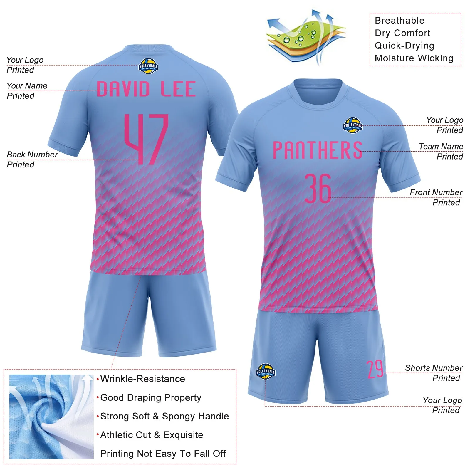 Custom Light Blue Pink Geometric Shape Sublimation Volleyball Uniform Jersey