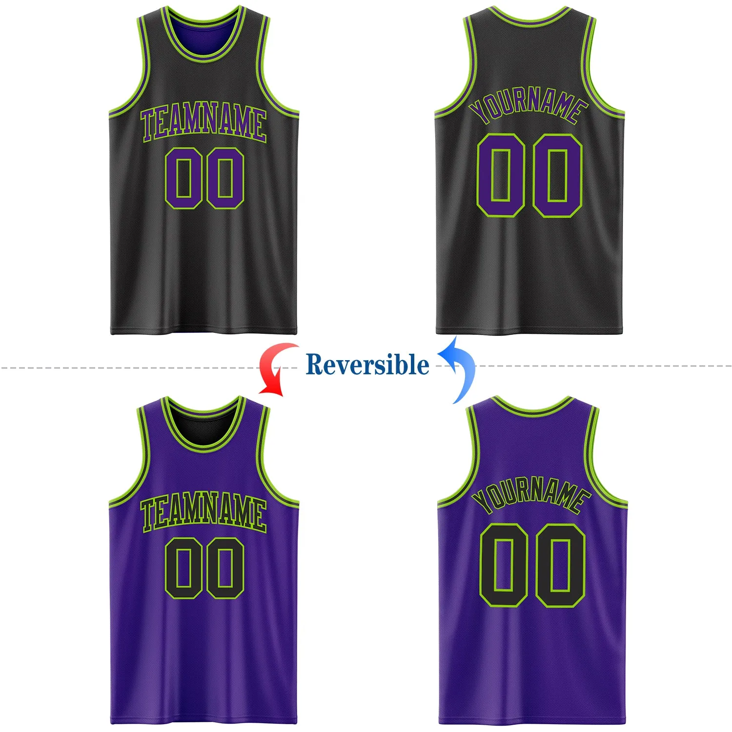 Custom Reversible Black Purple-Neon Green Double Side Authentic Basketball Jersey