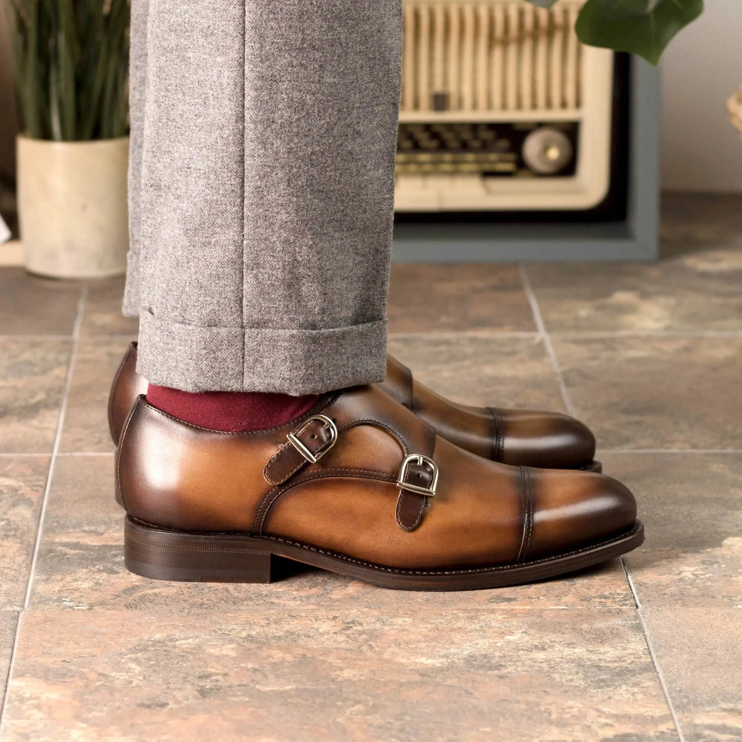 DapperFam Monaco in Cognac Men's Italian Leather Double Monk