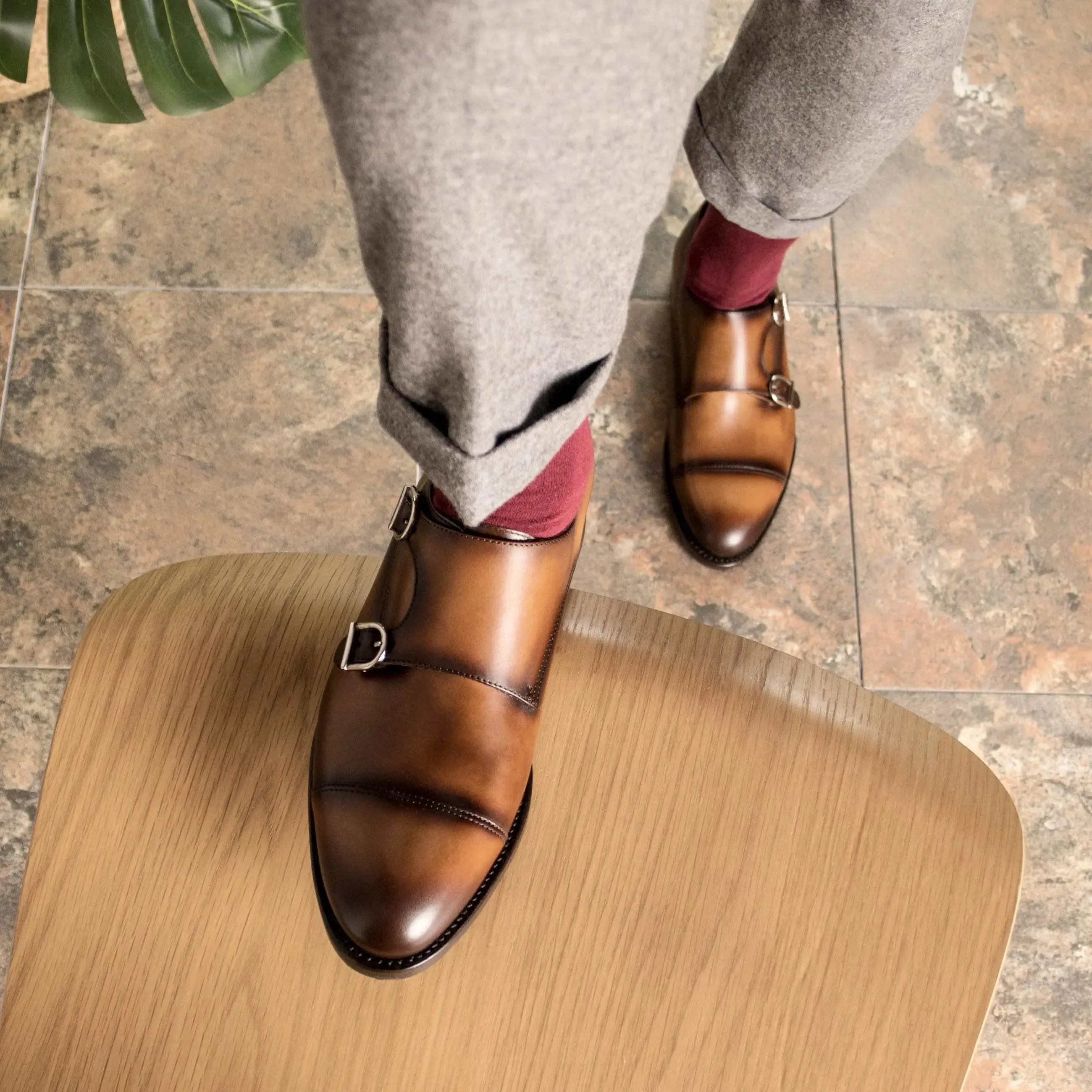 DapperFam Monaco in Cognac Men's Italian Leather Double Monk