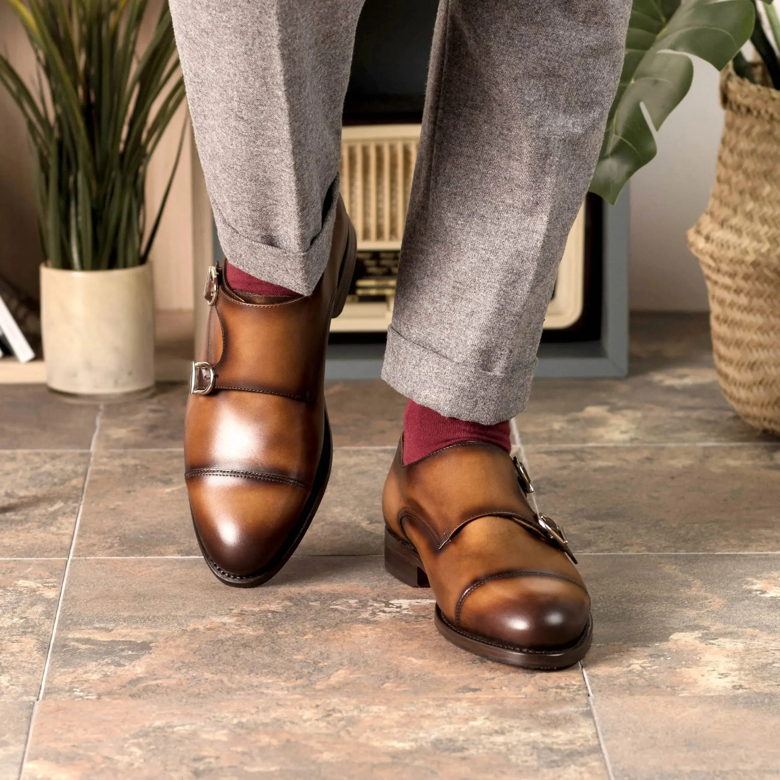 DapperFam Monaco in Cognac Men's Italian Leather Double Monk