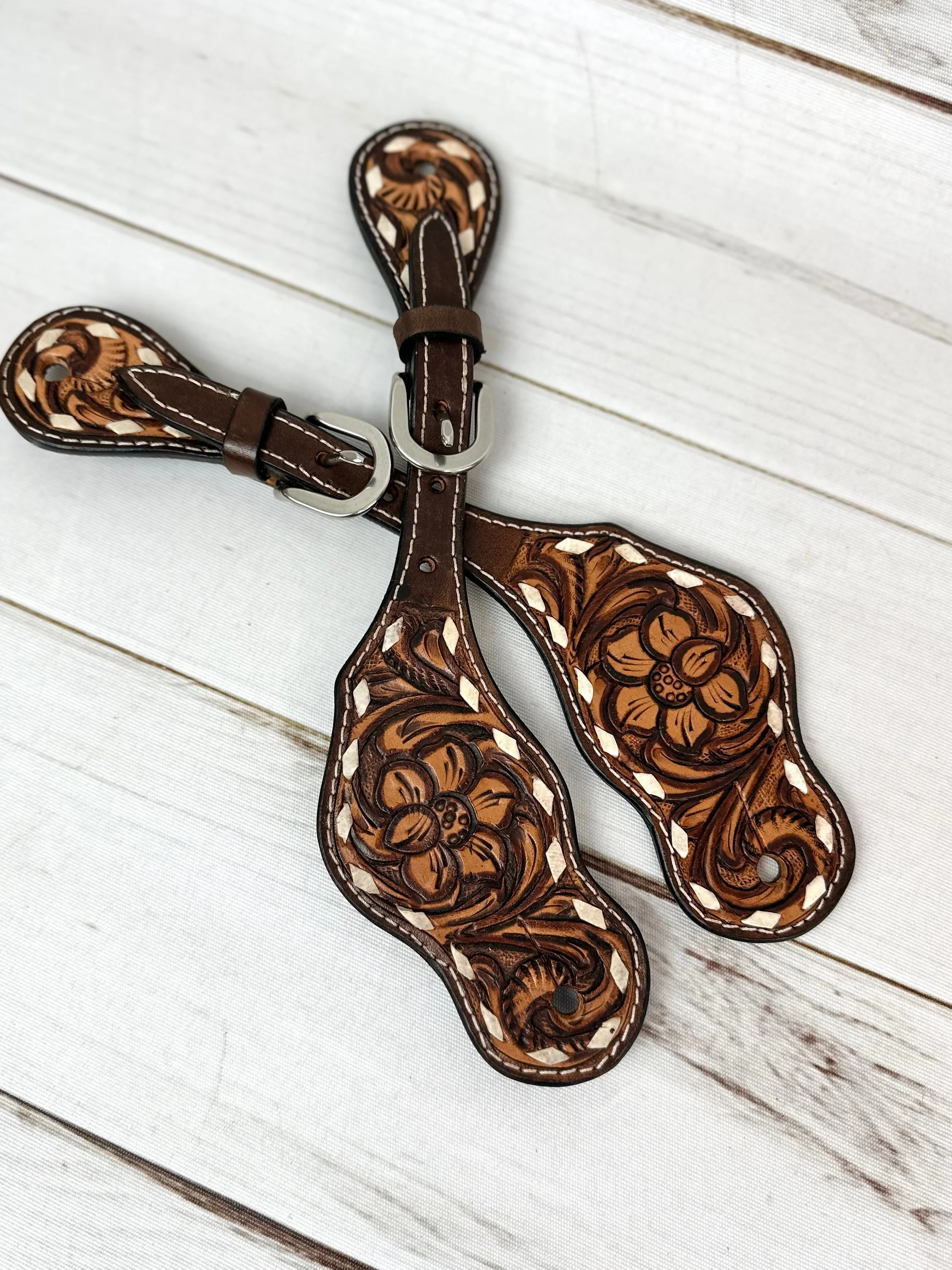 Dark and Medium Buckstitch Floral Tooled Spur Straps
