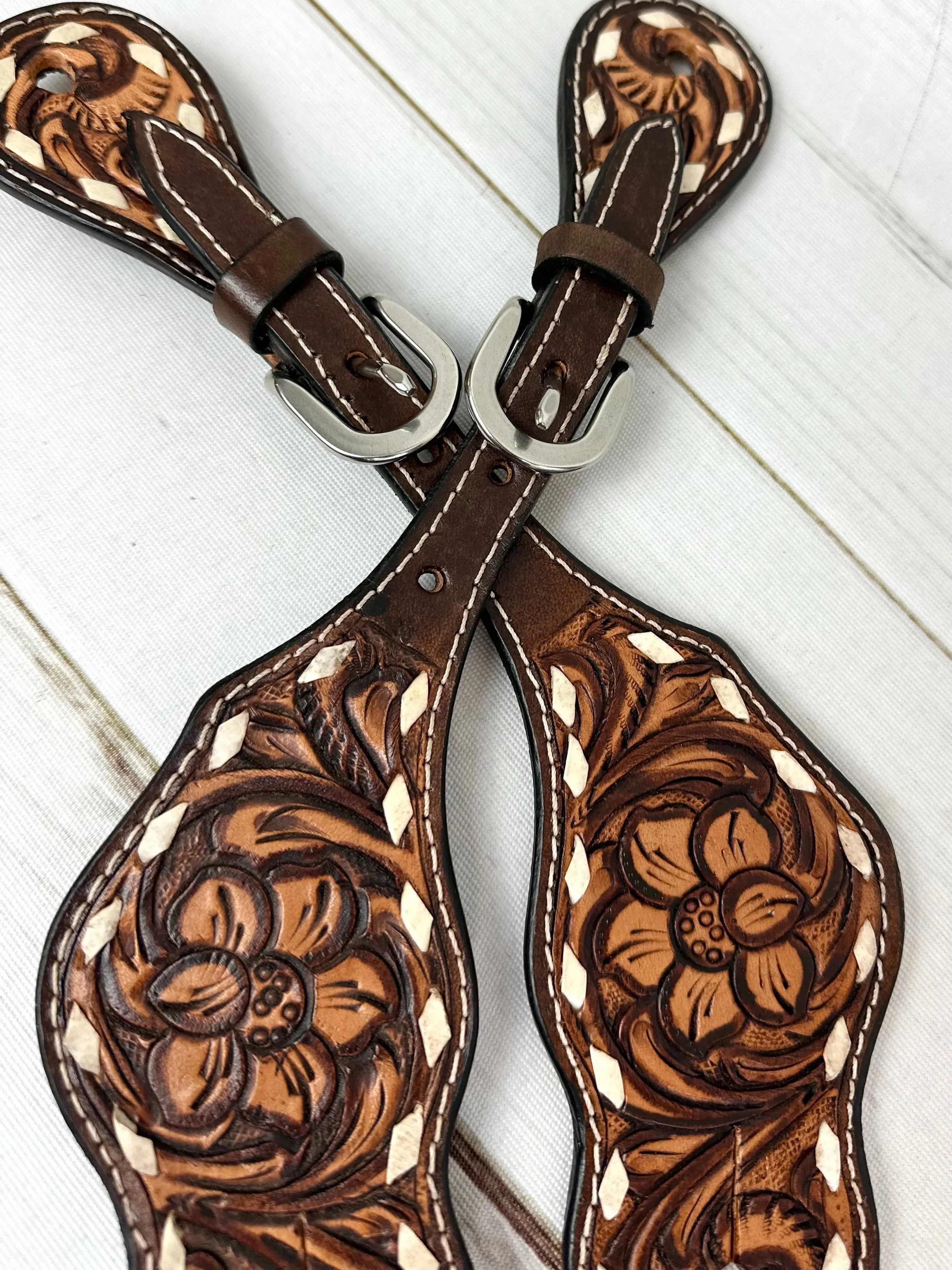 Dark and Medium Buckstitch Floral Tooled Spur Straps