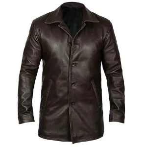 Dark Brown 5 Button Mens Long Trench Coat Real Leather Jacket