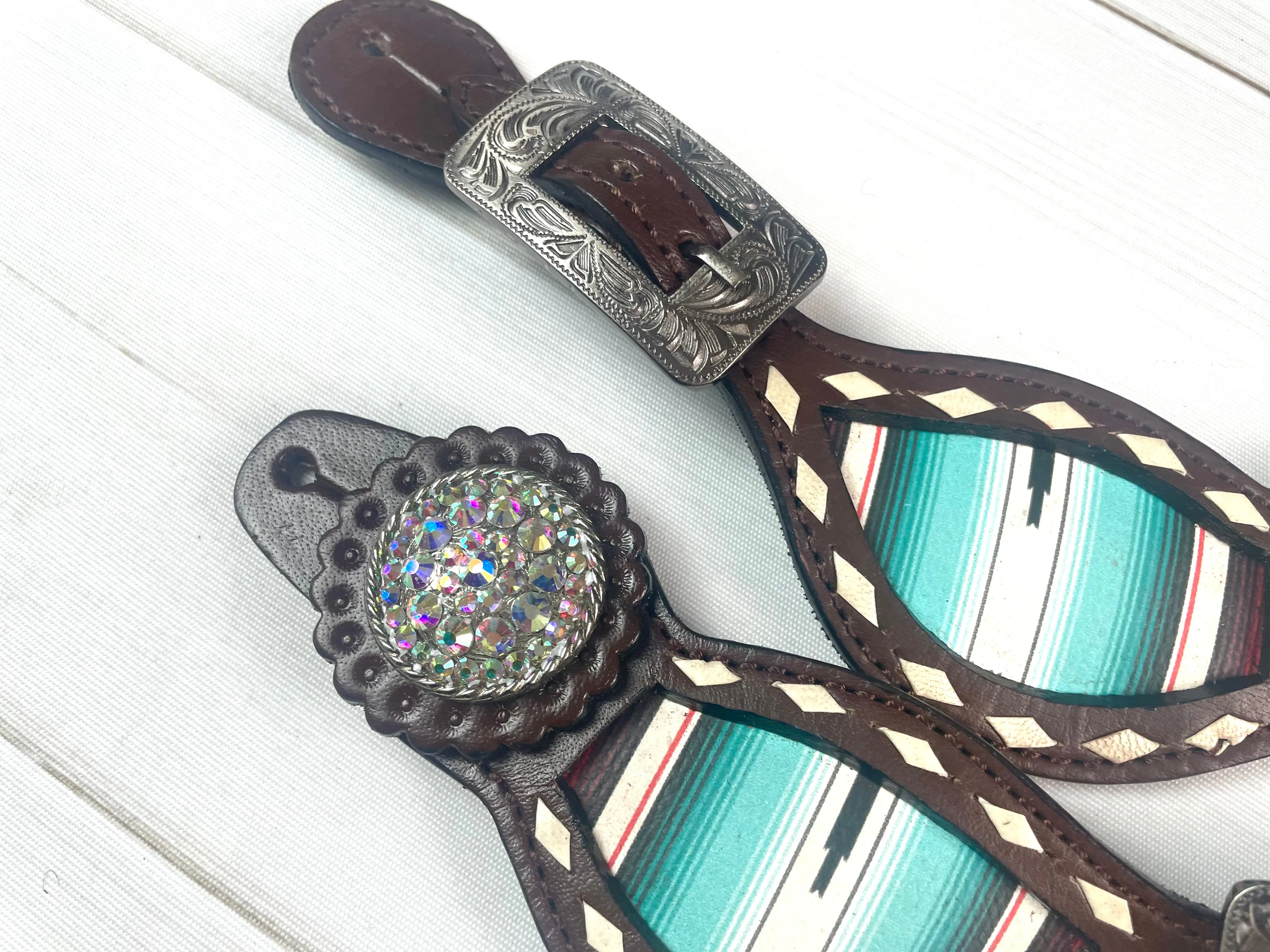 Dark Brown Leather Serape Inset - White Buckstitch Spur Straps