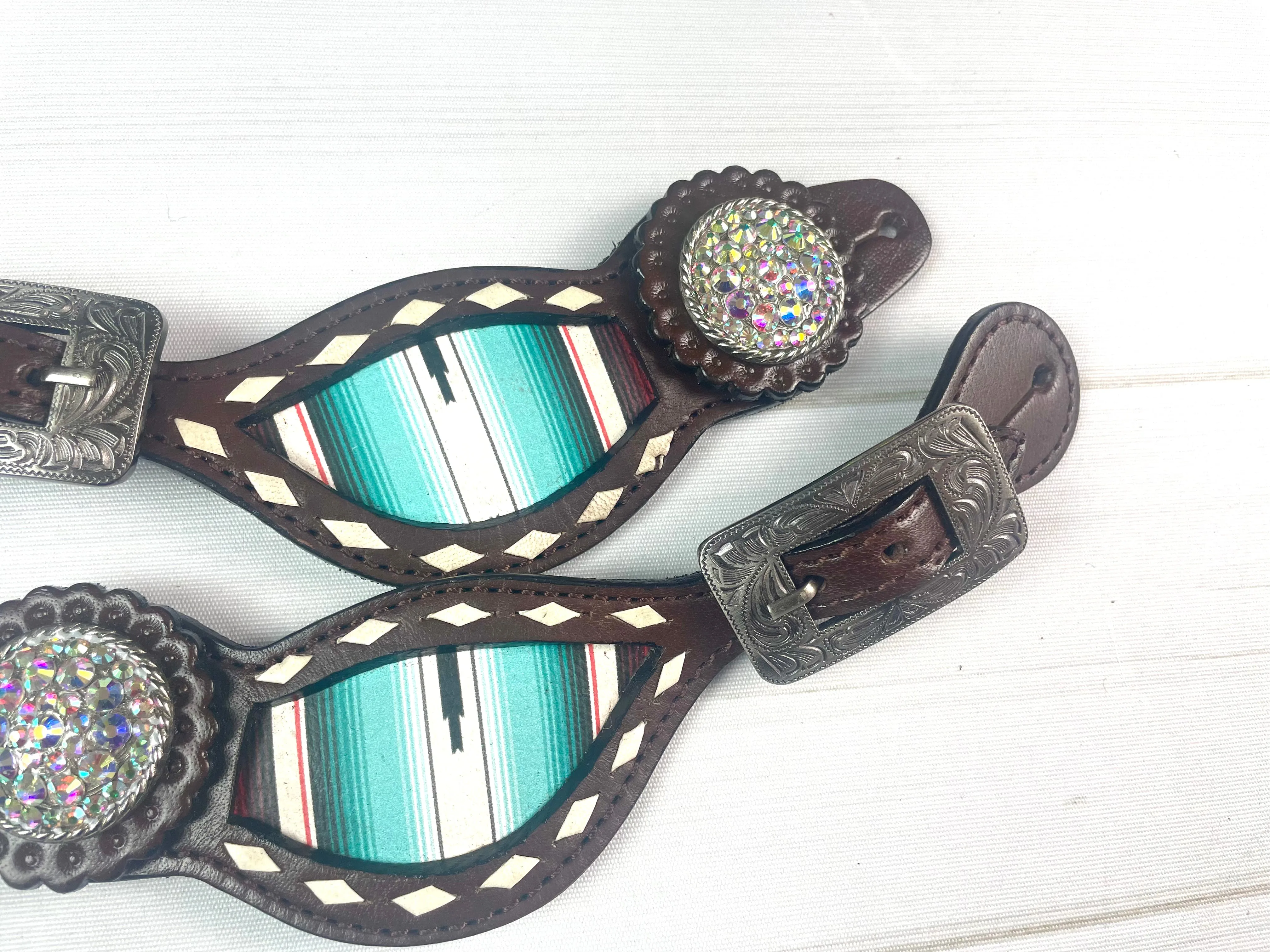 Dark Brown Leather Serape Inset - White Buckstitch Spur Straps