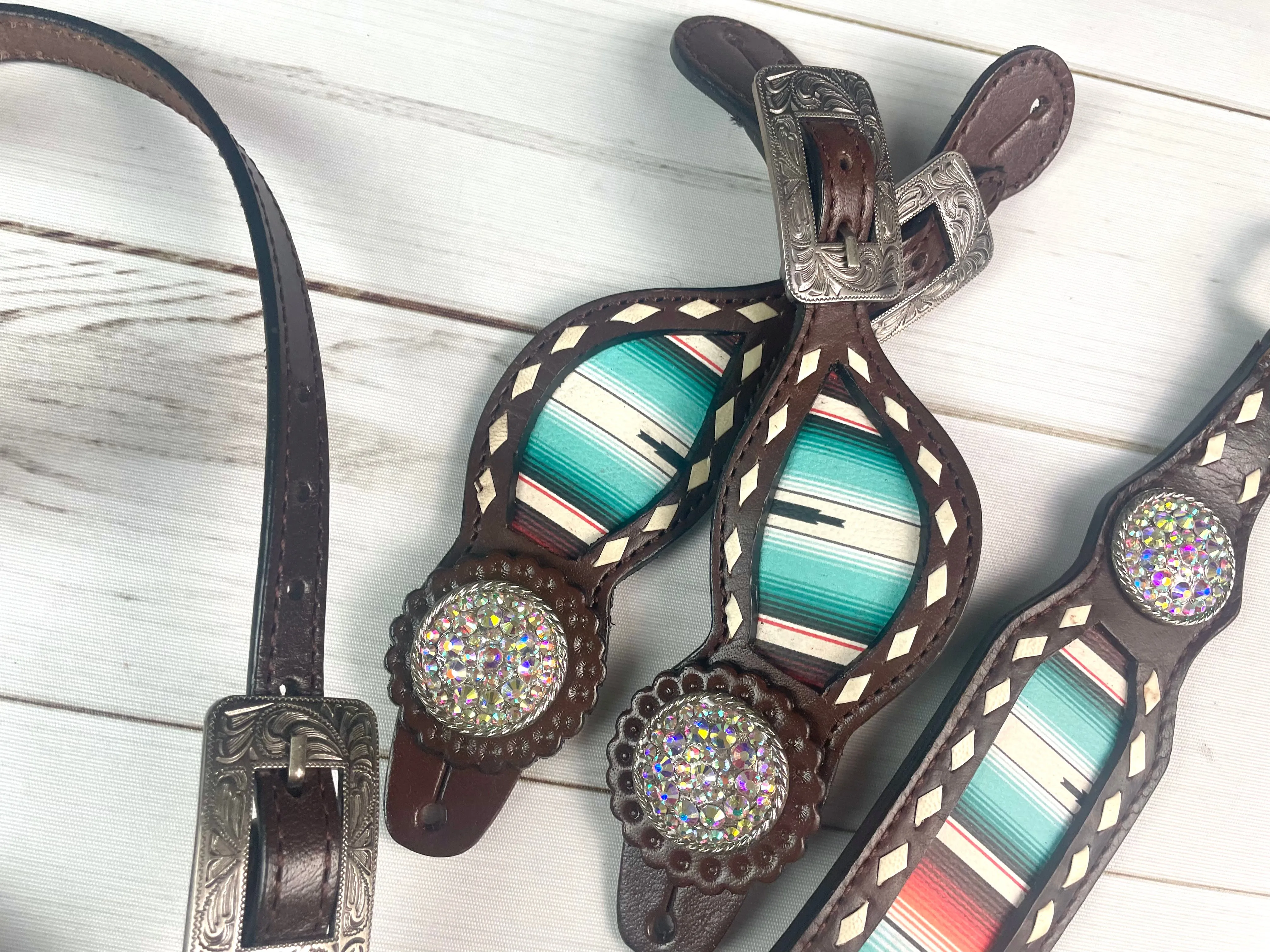 Dark Brown Leather Serape Inset - White Buckstitch Spur Straps