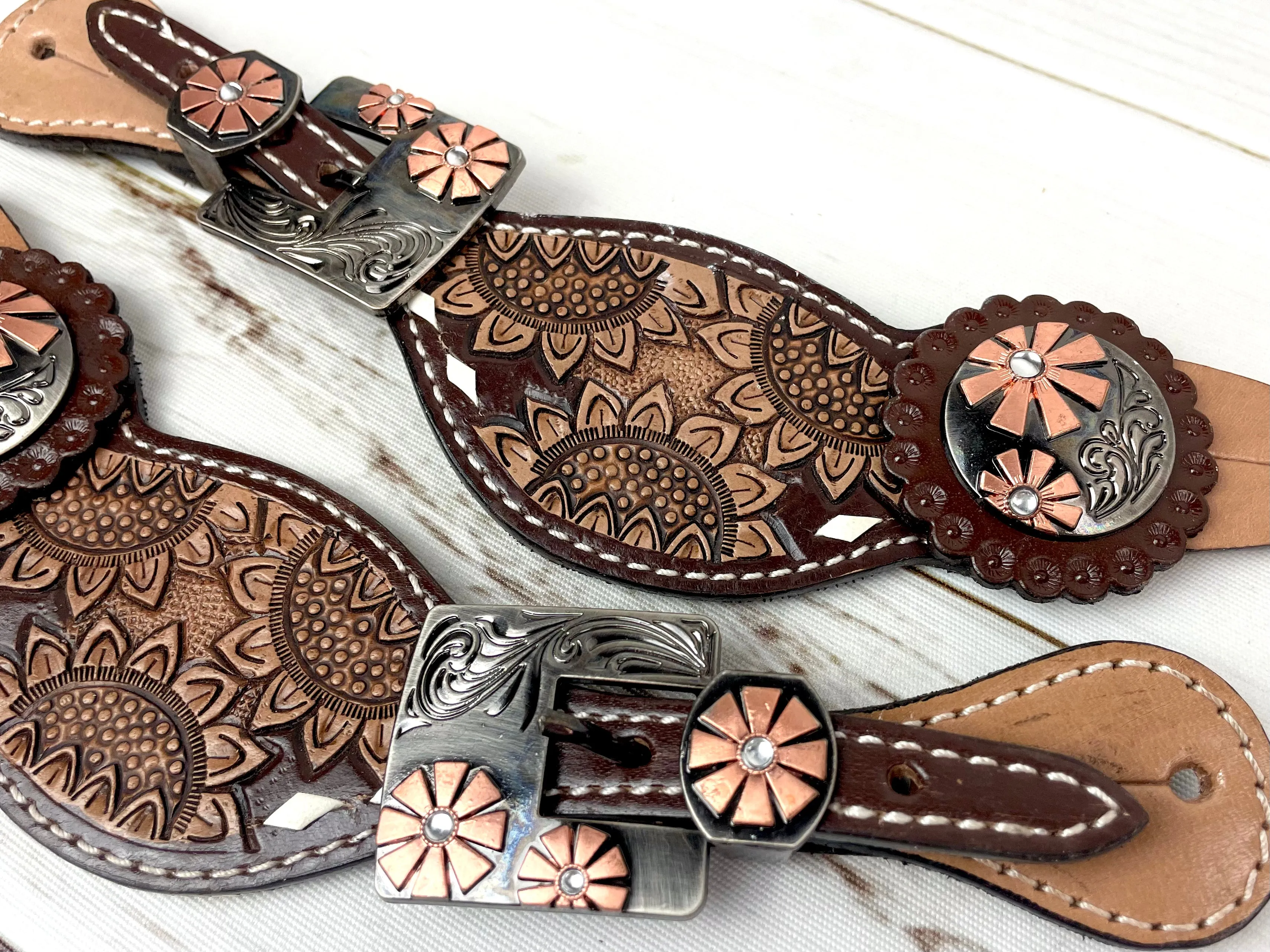 Dark Sunflower Tooled Cream Buckstitch Leather Spur Straps