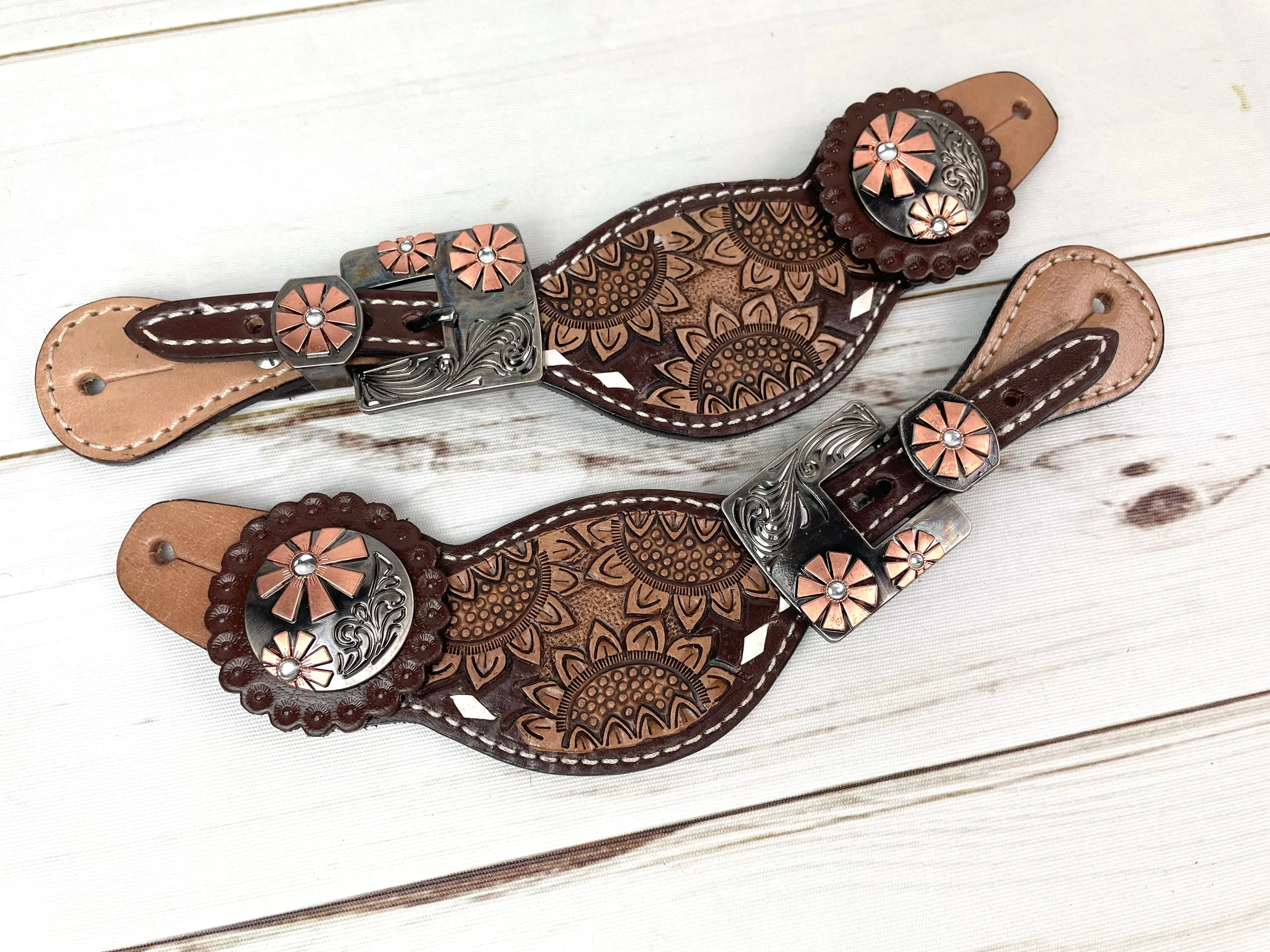 Dark Sunflower Tooled Cream Buckstitch Leather Spur Straps