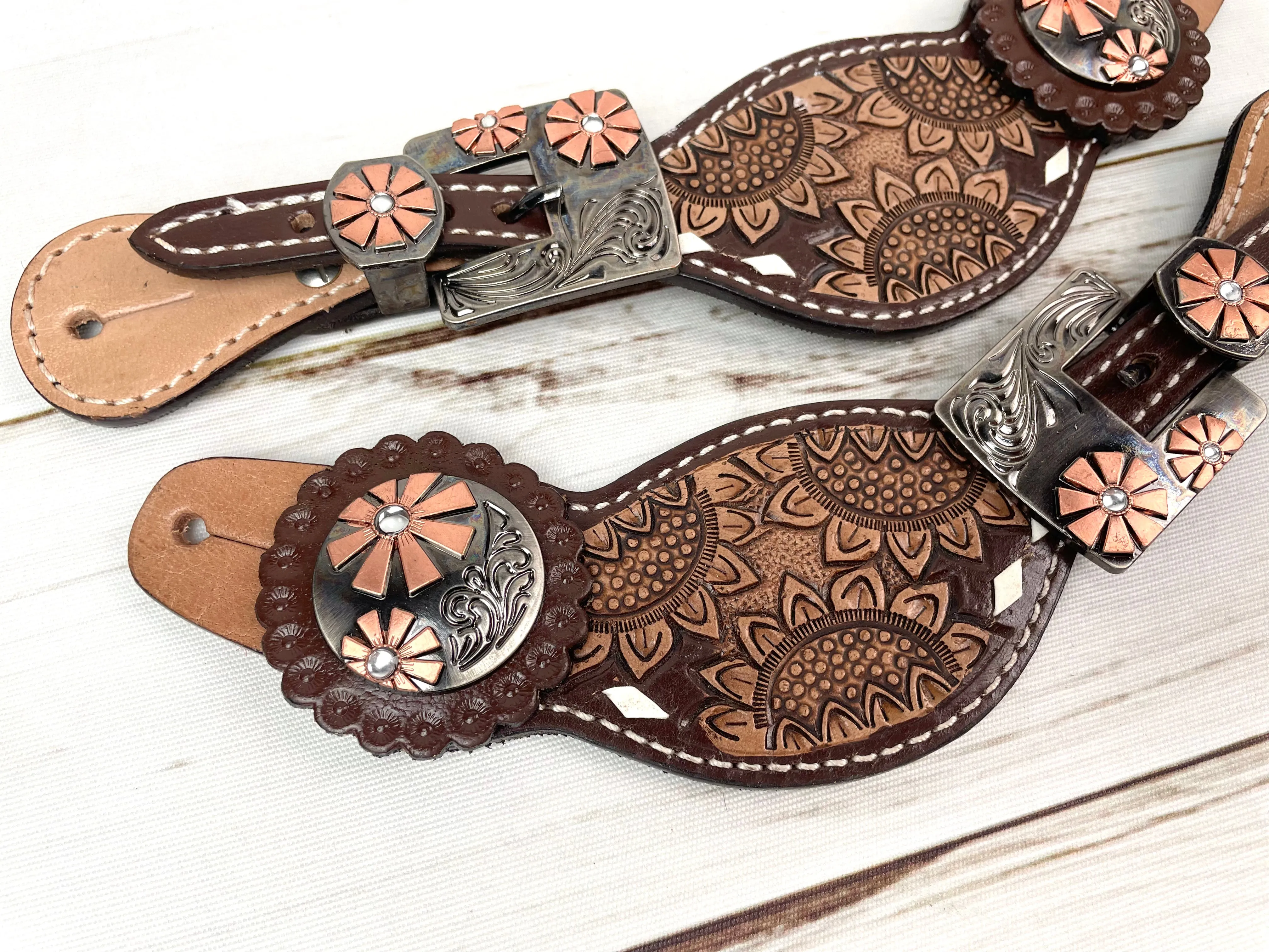 Dark Sunflower Tooled Cream Buckstitch Leather Spur Straps