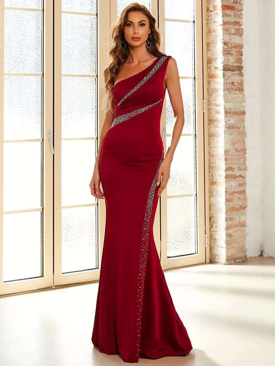 Elegant One-Shoulder Rhinestone Burgundy Evening Gown M01862