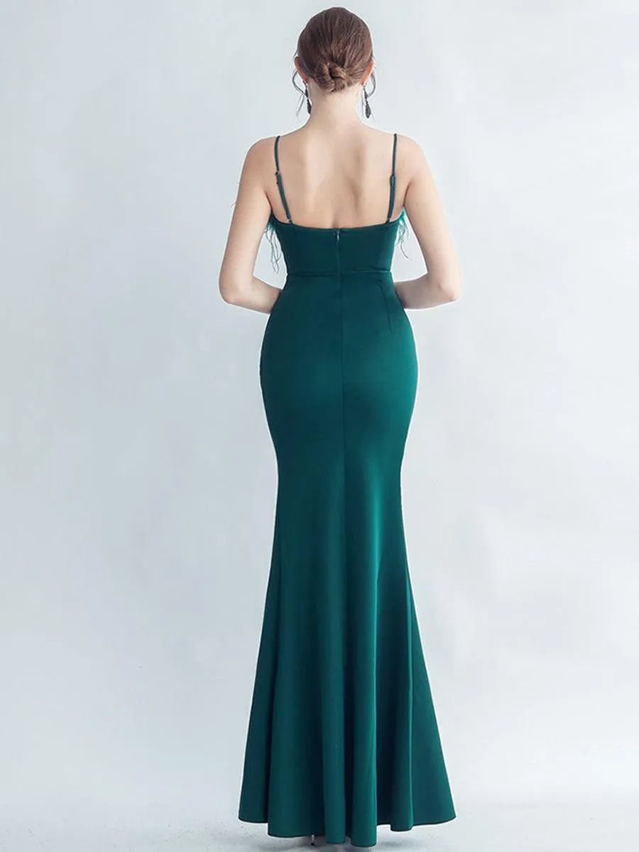 Feather Spaghetti Rhinestone Formal Dress GM90015