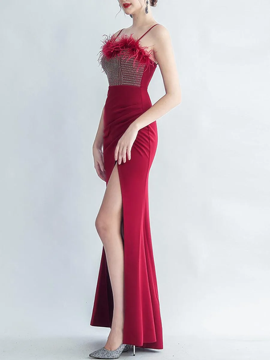 Feather Spaghetti Rhinestone Formal Dress GM90015
