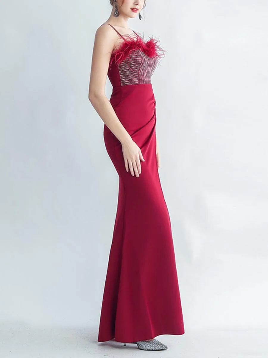 Feather Spaghetti Rhinestone Formal Dress GM90015