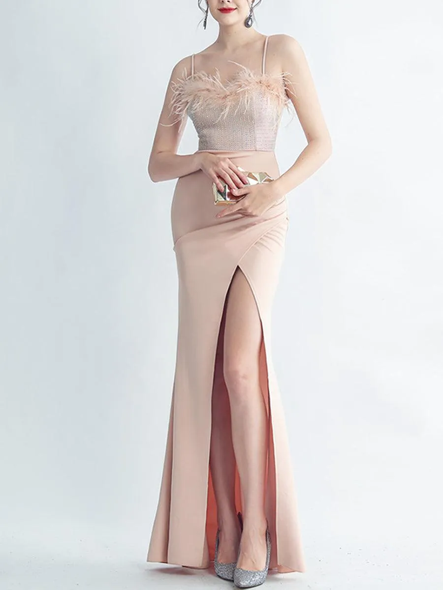 Feather Spaghetti Rhinestone Formal Dress GM90015
