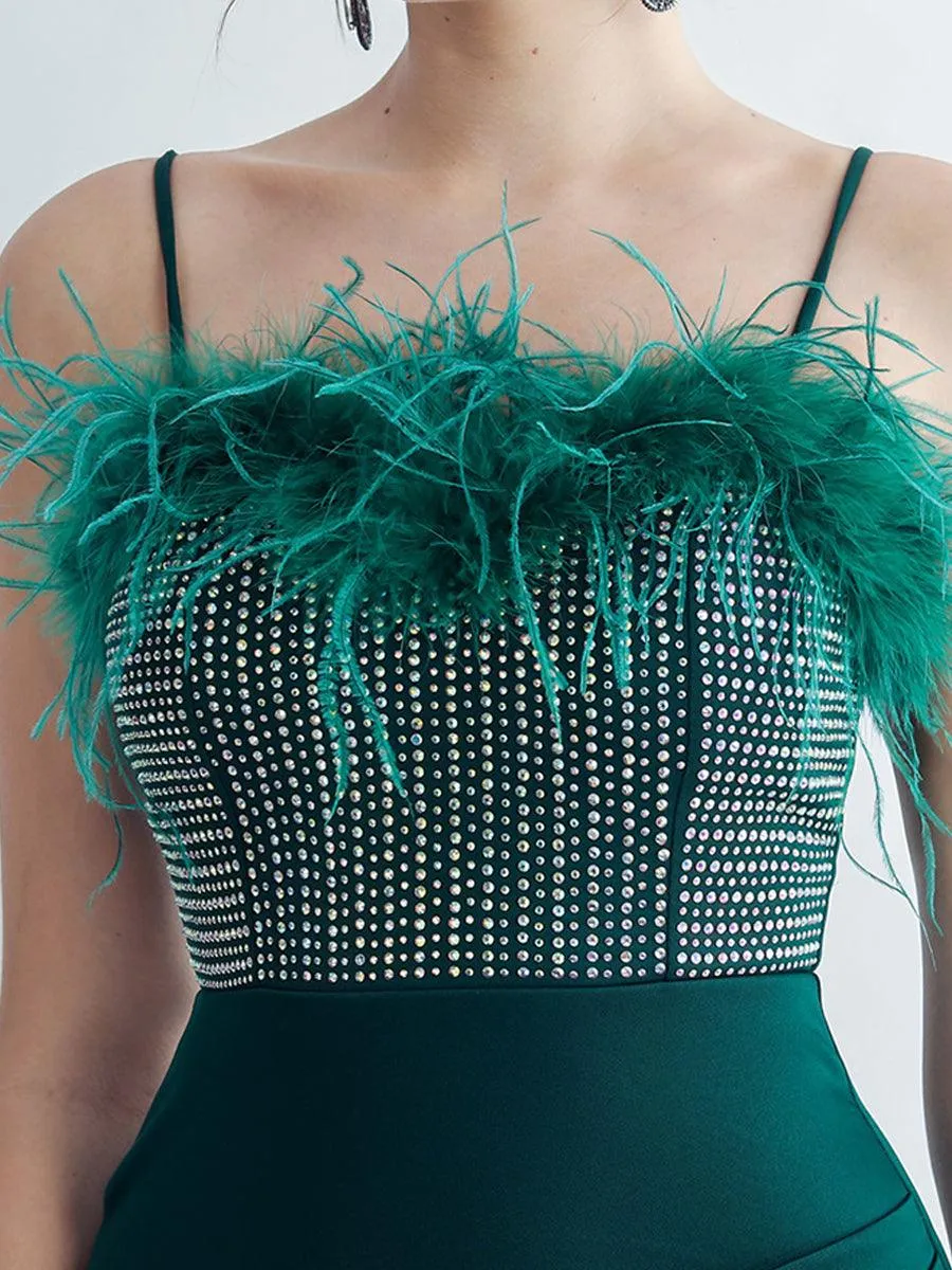 Feather Spaghetti Rhinestone Formal Dress GM90015