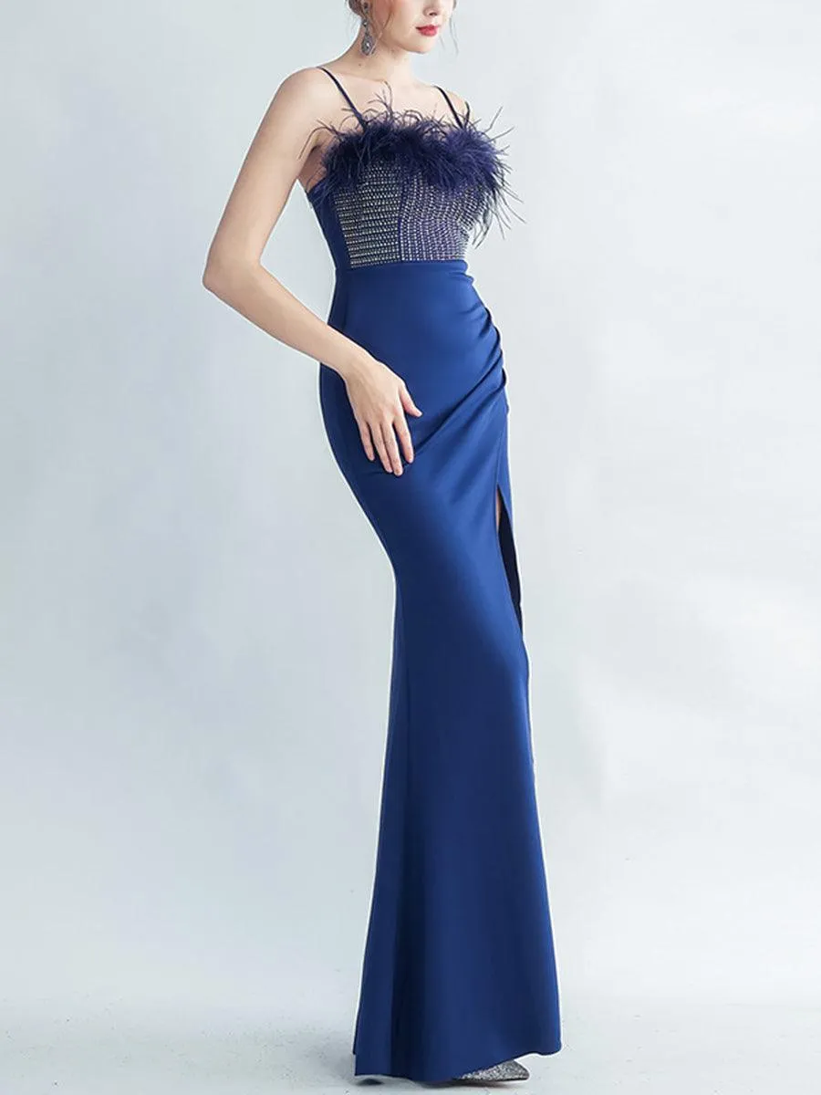 Feather Spaghetti Rhinestone Formal Dress GM90015